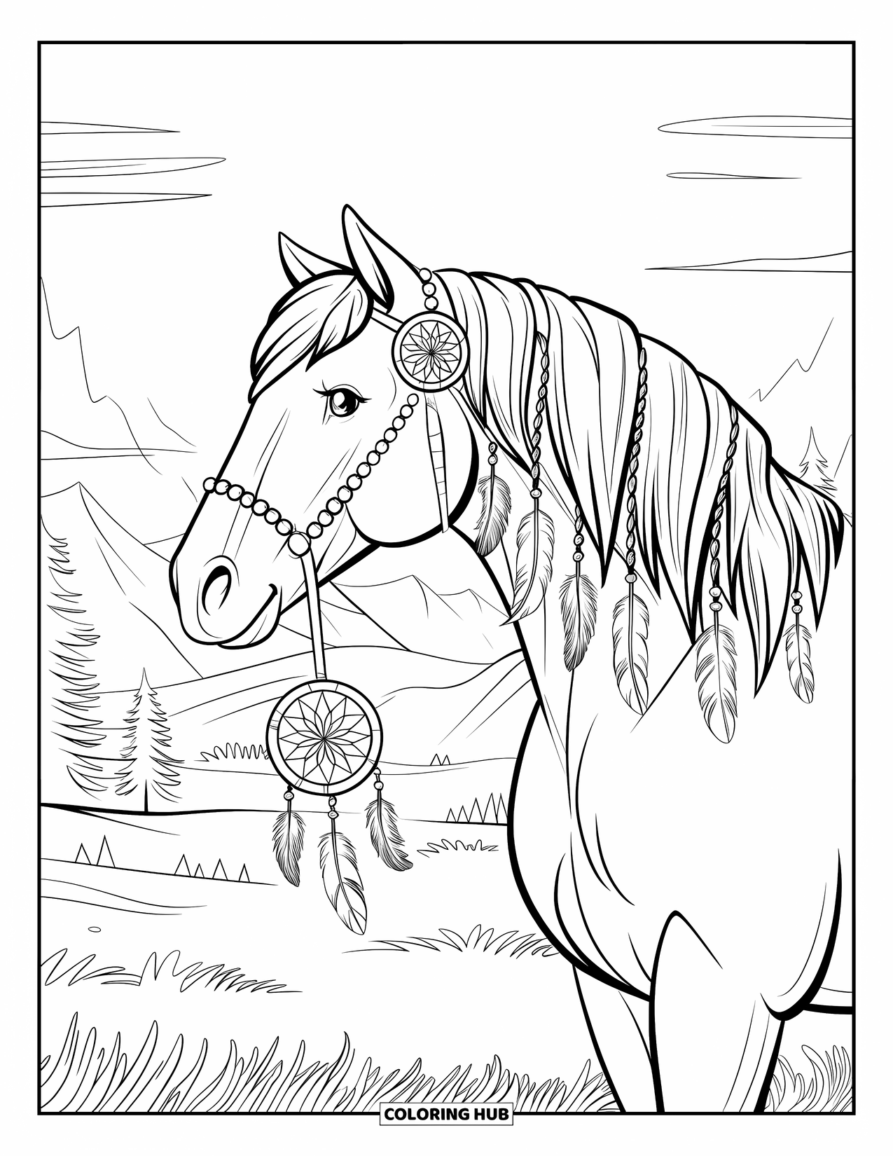 Horse Coloring Page for Adults: A horse with a dreamcatcher-inspired mane stands among mountains and trees