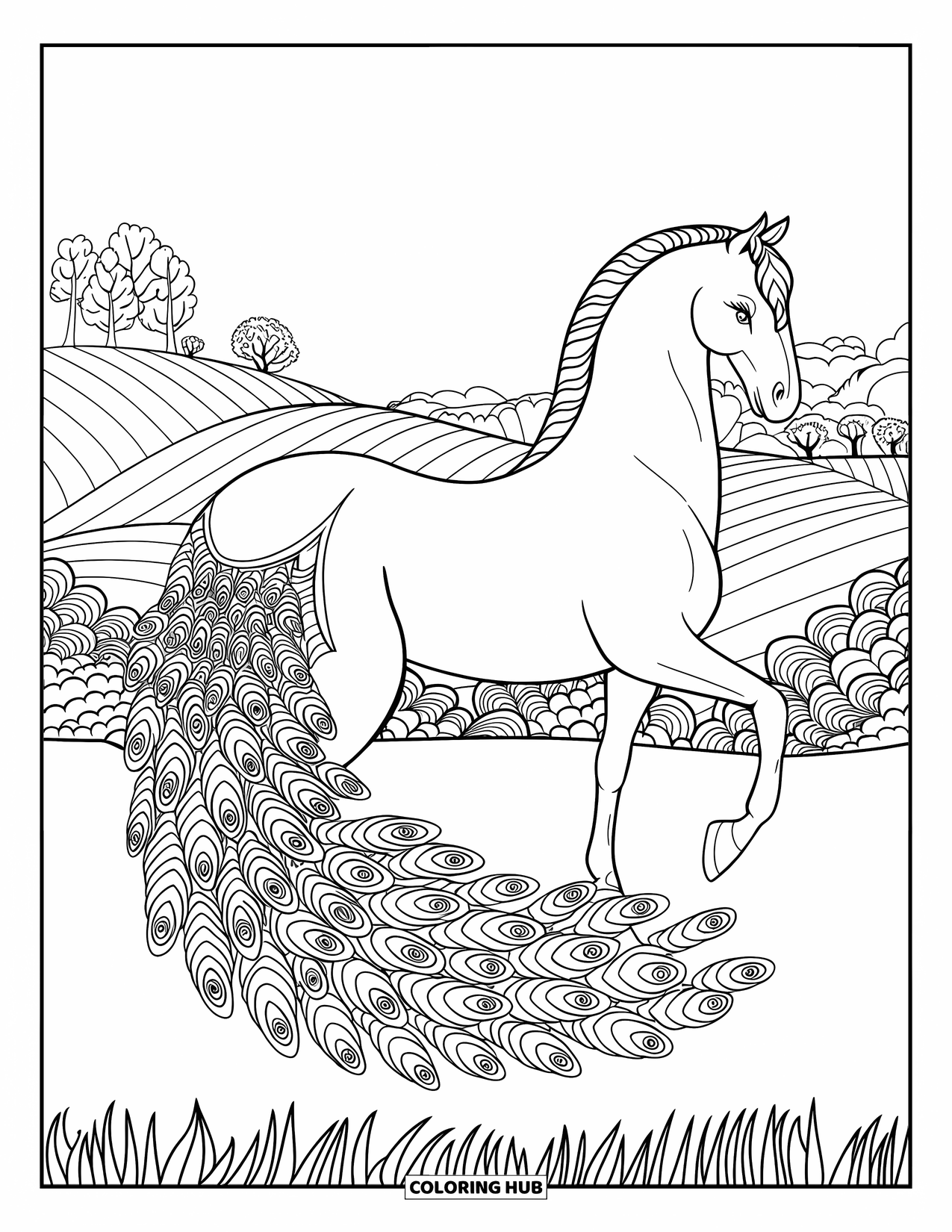 Horse Coloring Page for Adults: A horse with a peacock-patterned tail stands on a field with rolling hills