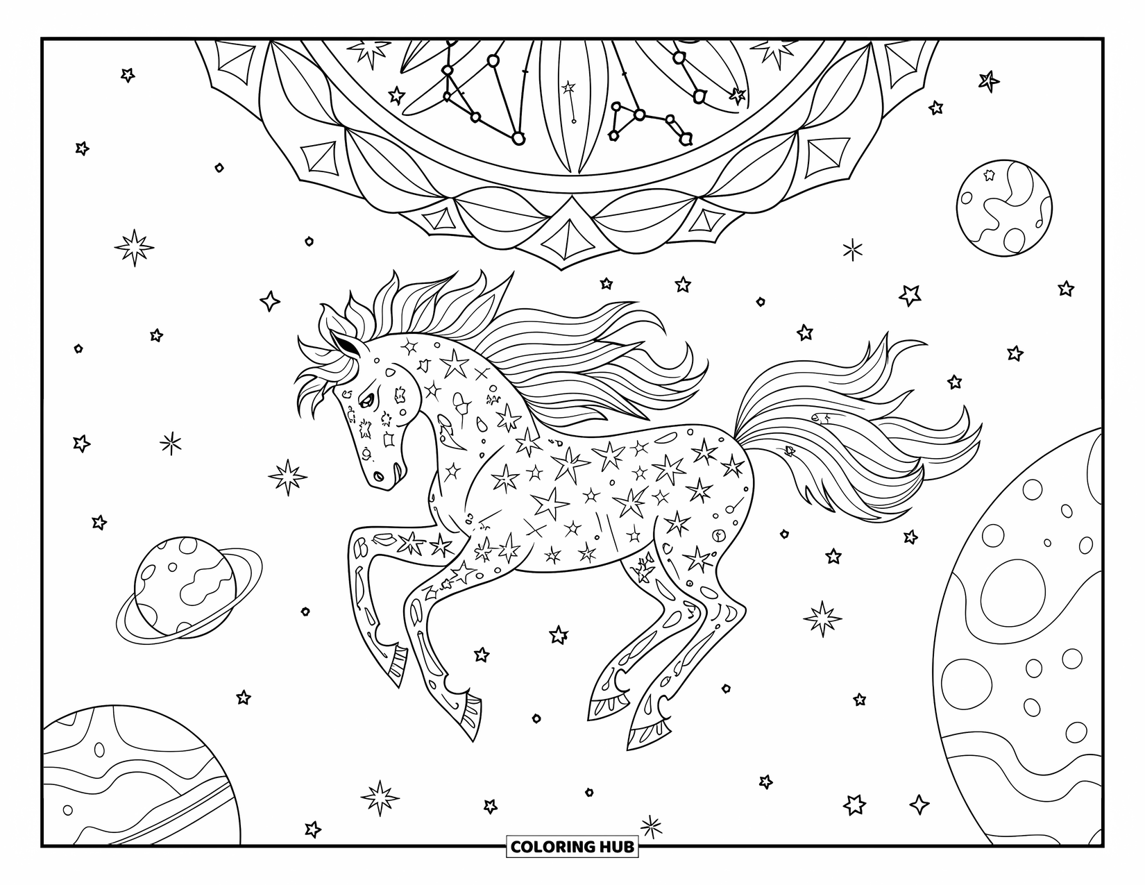 Horse Coloring Page for Adults: A horse with a starry aura floats among planets and shooting stars