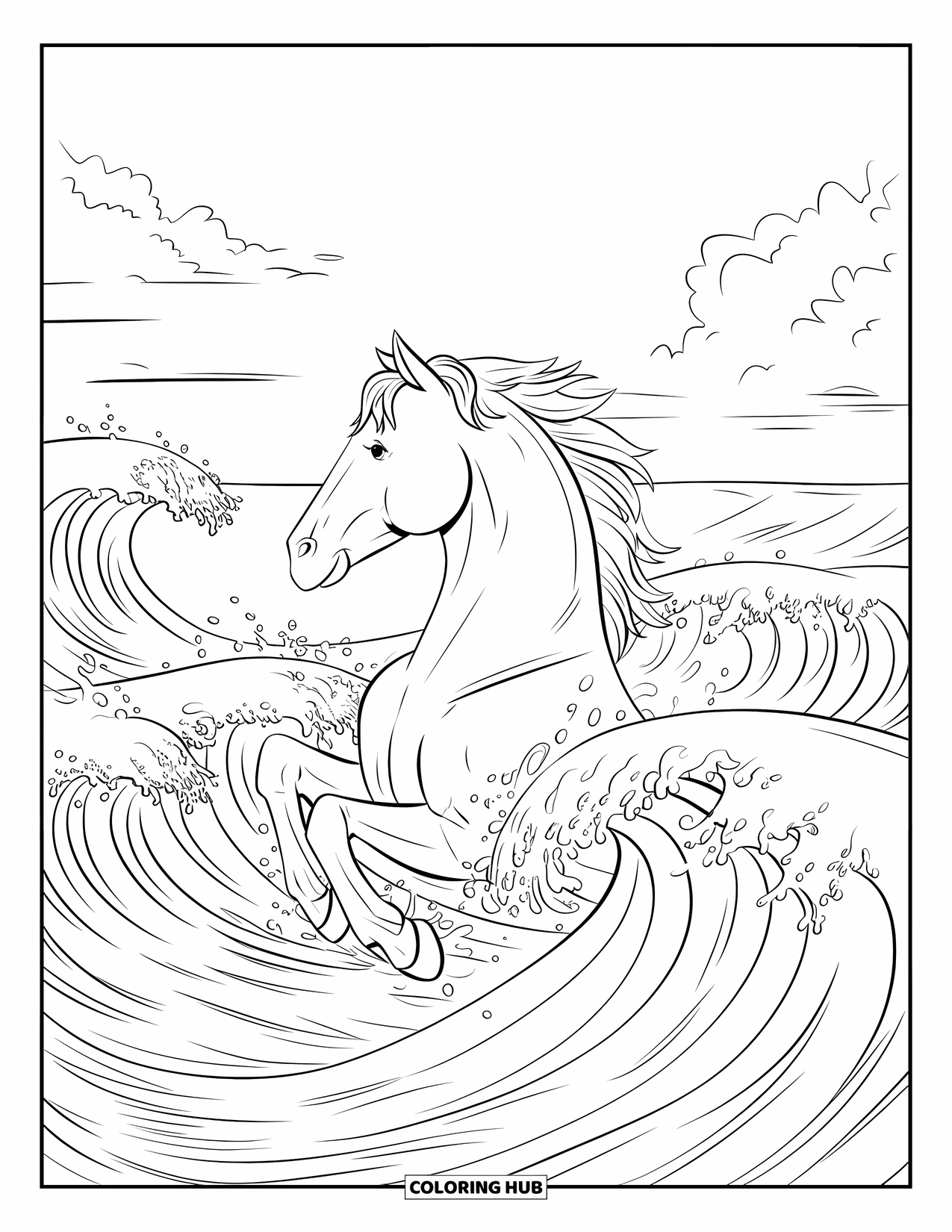 Horse Coloring Page for Adults: A horse with a wet mane emerges from waves under a cloudy sky