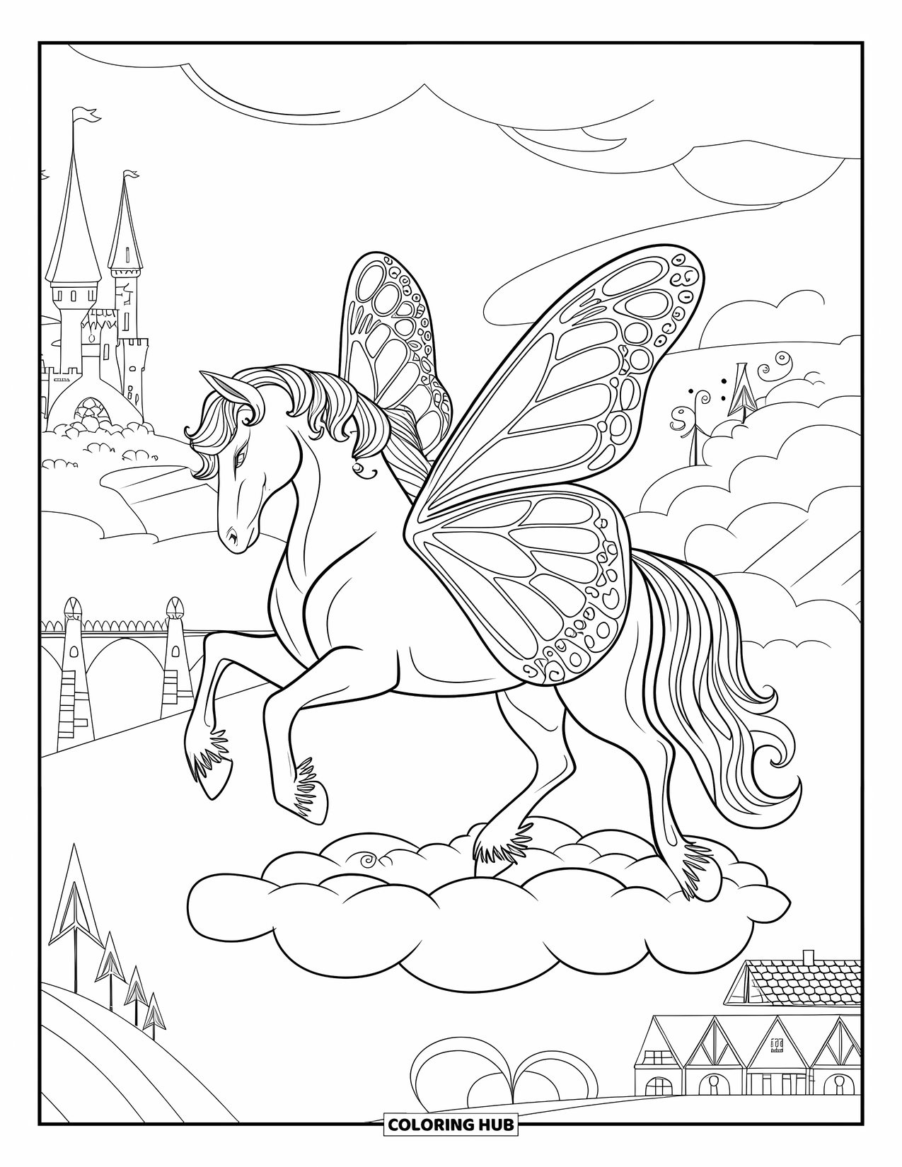 Horse Coloring Page for Adults: A horse with butterfly wings stands on a cloud in a fantasy landscape