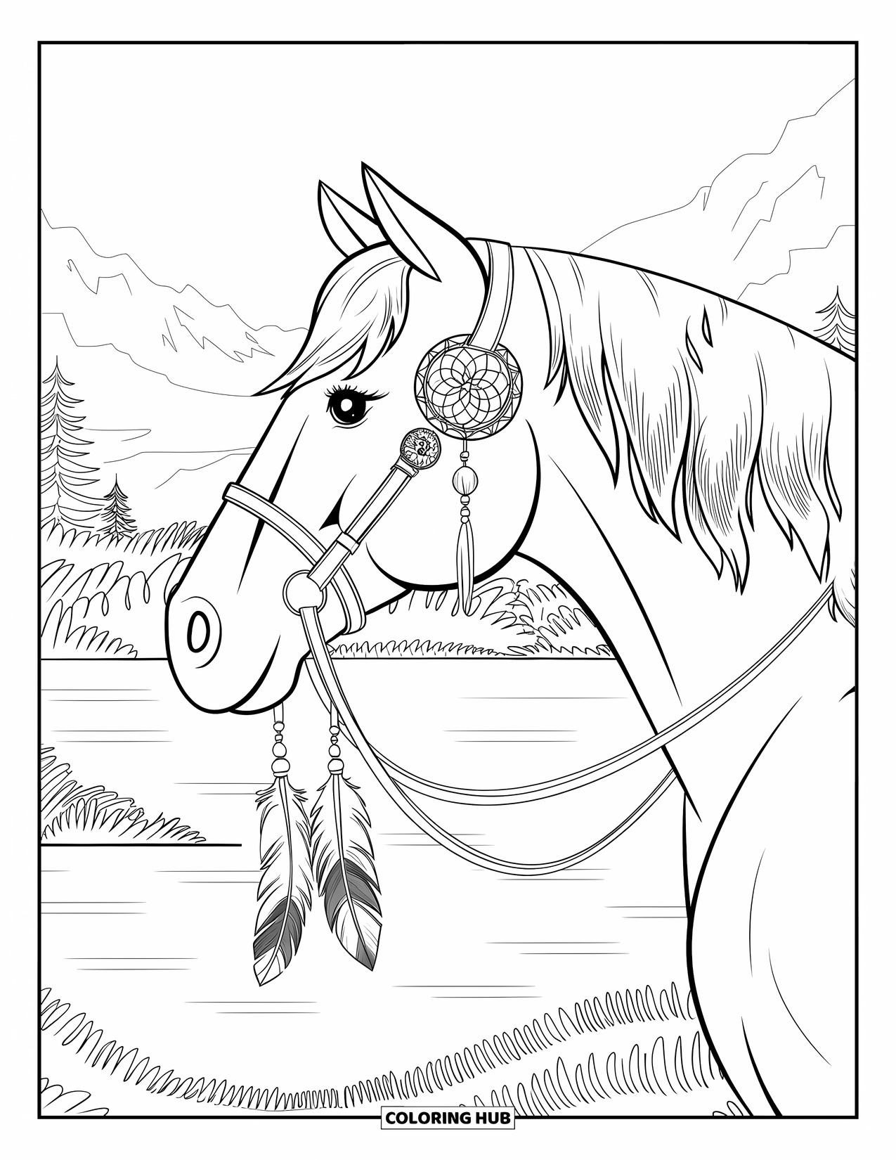 Horse Coloring Page for Adults: A horse with dreamcatcher patterns stands among trees and mountains