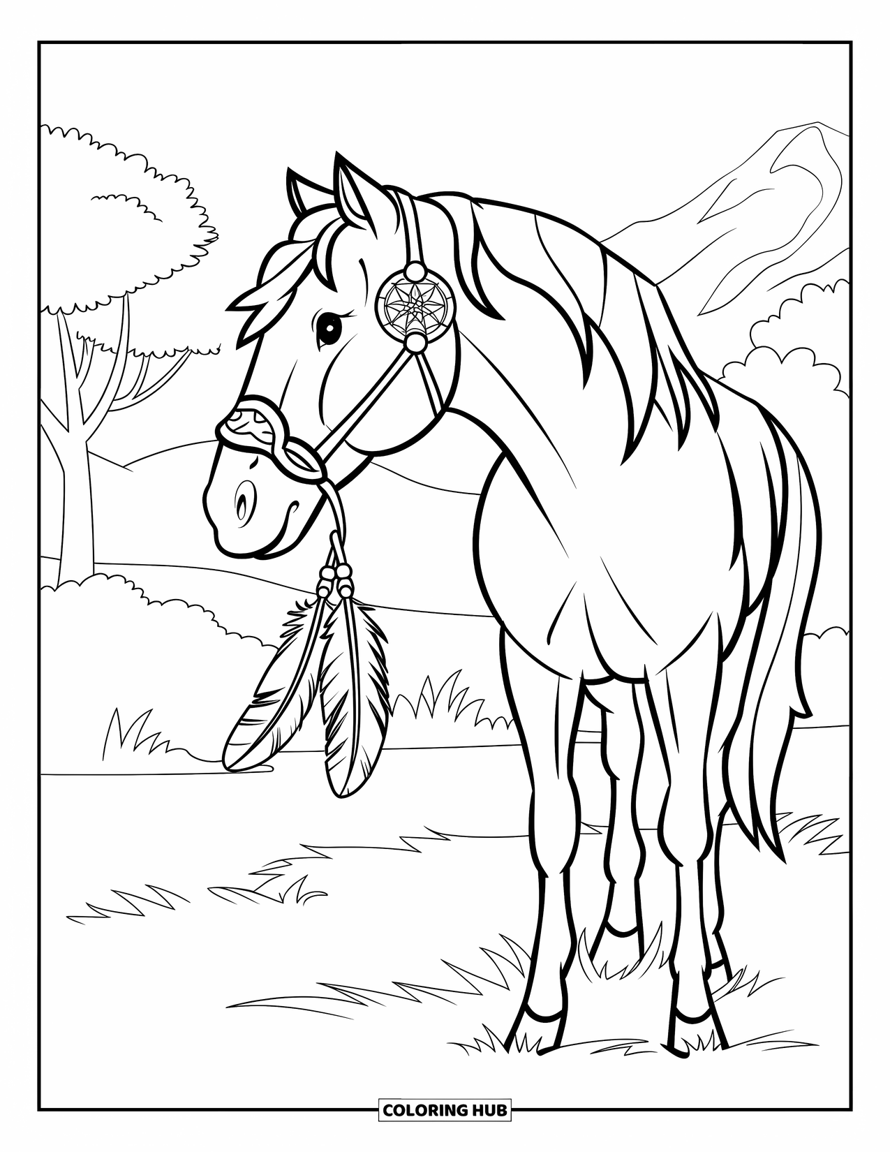 Horse Coloring Page for Adults: A horse with feathers and dreamcatcher patterns stands in a serene setting