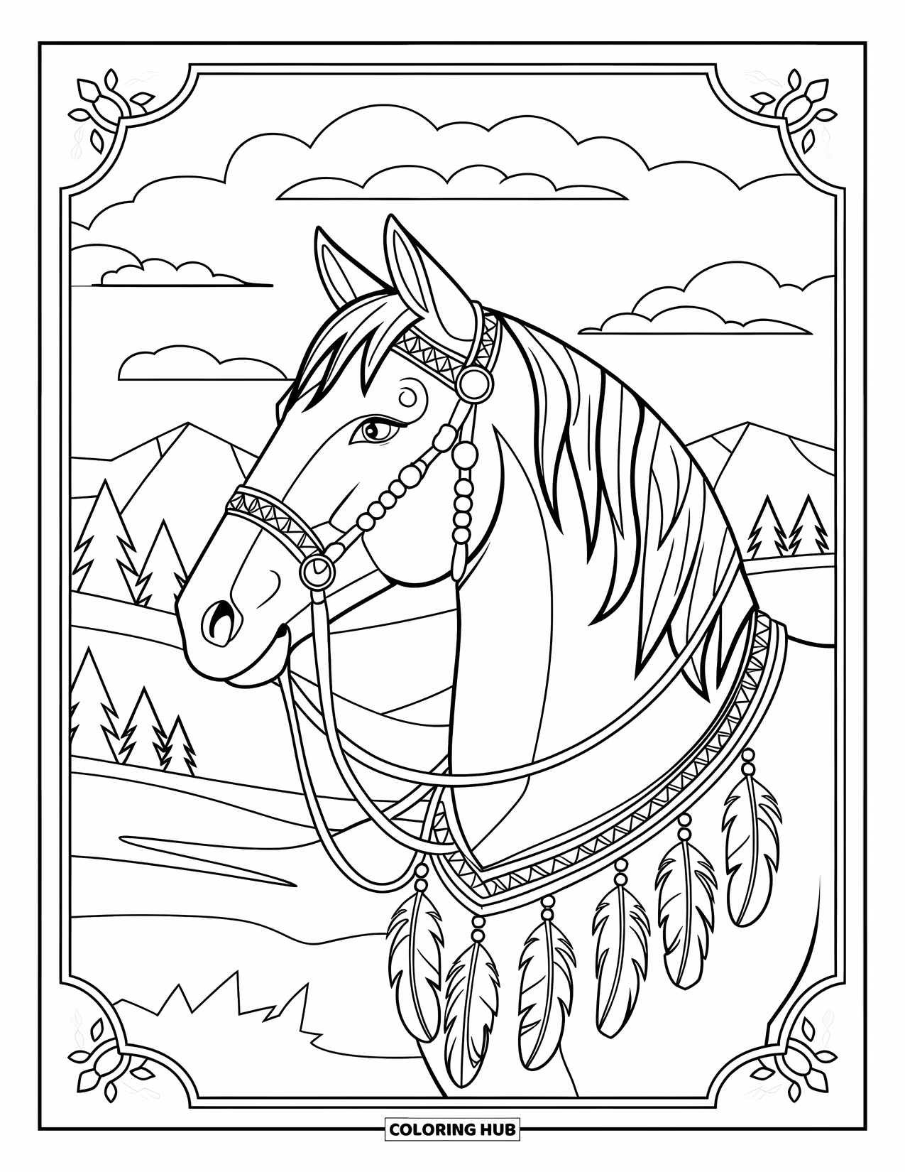 Horse Coloring Page for Adults: A horse with feathers on its bridle stands in a landscape with mountains