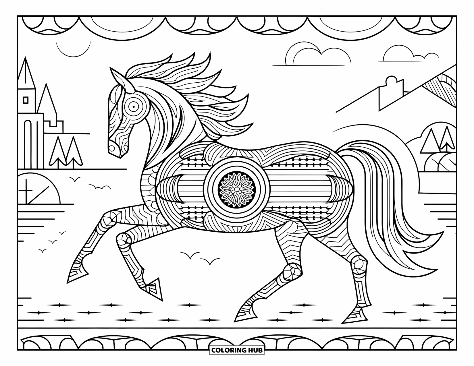 Horse Coloring Page for Adults: A horse with geometric patterns gallops past a castle and a river