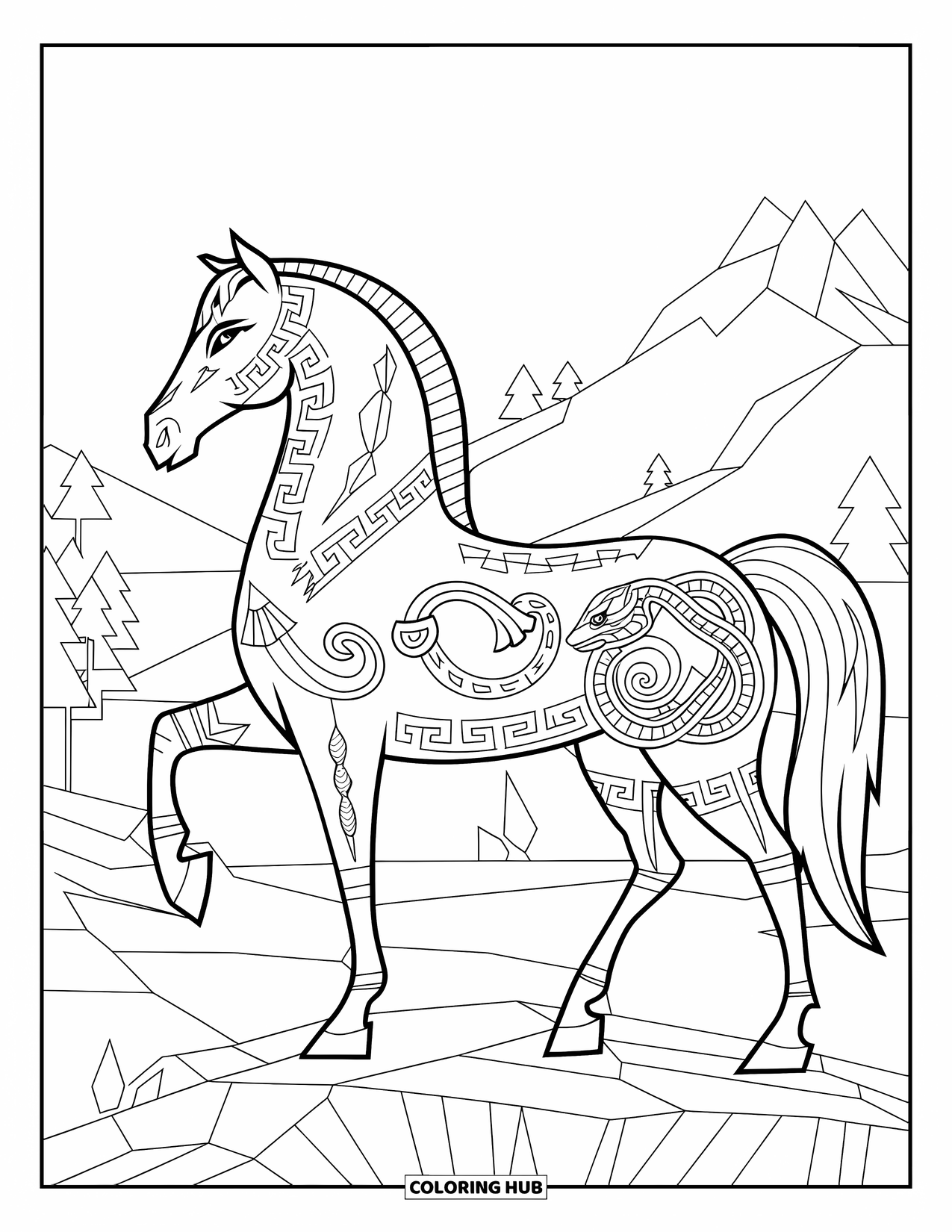 Horse Coloring Page for Adults: A horse with Greek and Norse patterns stands on rocky terrain with mountains behind