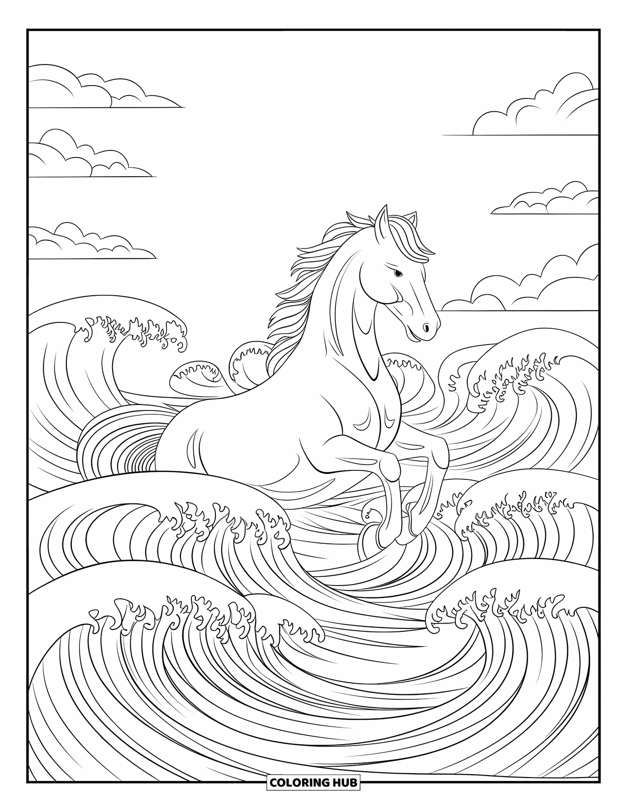 Horse Coloring Page for Adults: A horse with its mane flowing into waves gallops along a rocky coast