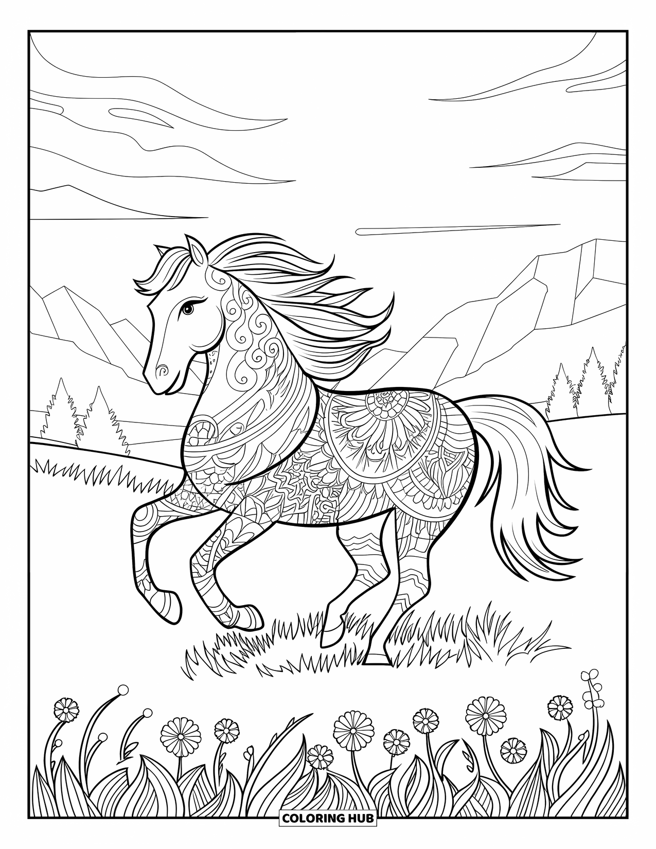 Horse Coloring Page for Adults: A horse with mandala patterns gallops through a field of flowers