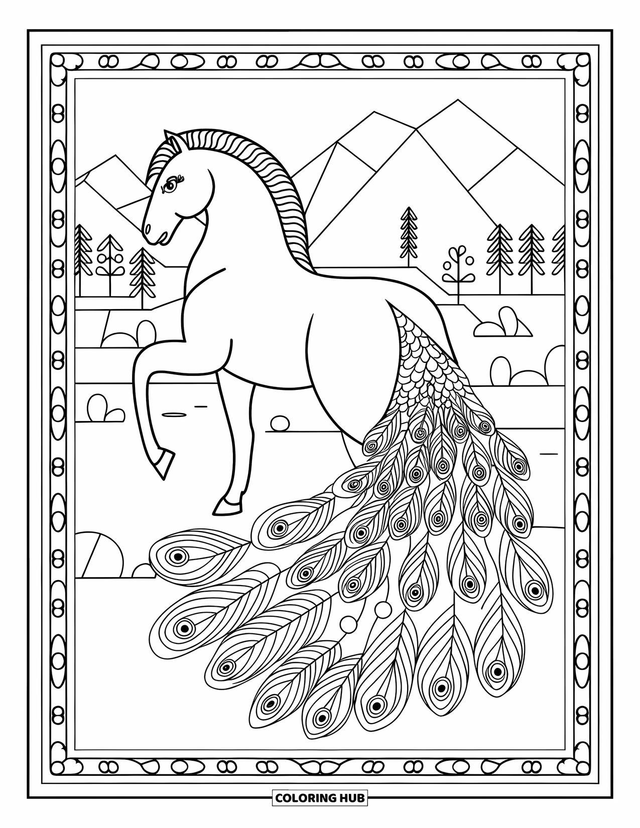 Horse Coloring Page for Adults: A horse with peacock-inspired patterns stands among mountains and trees