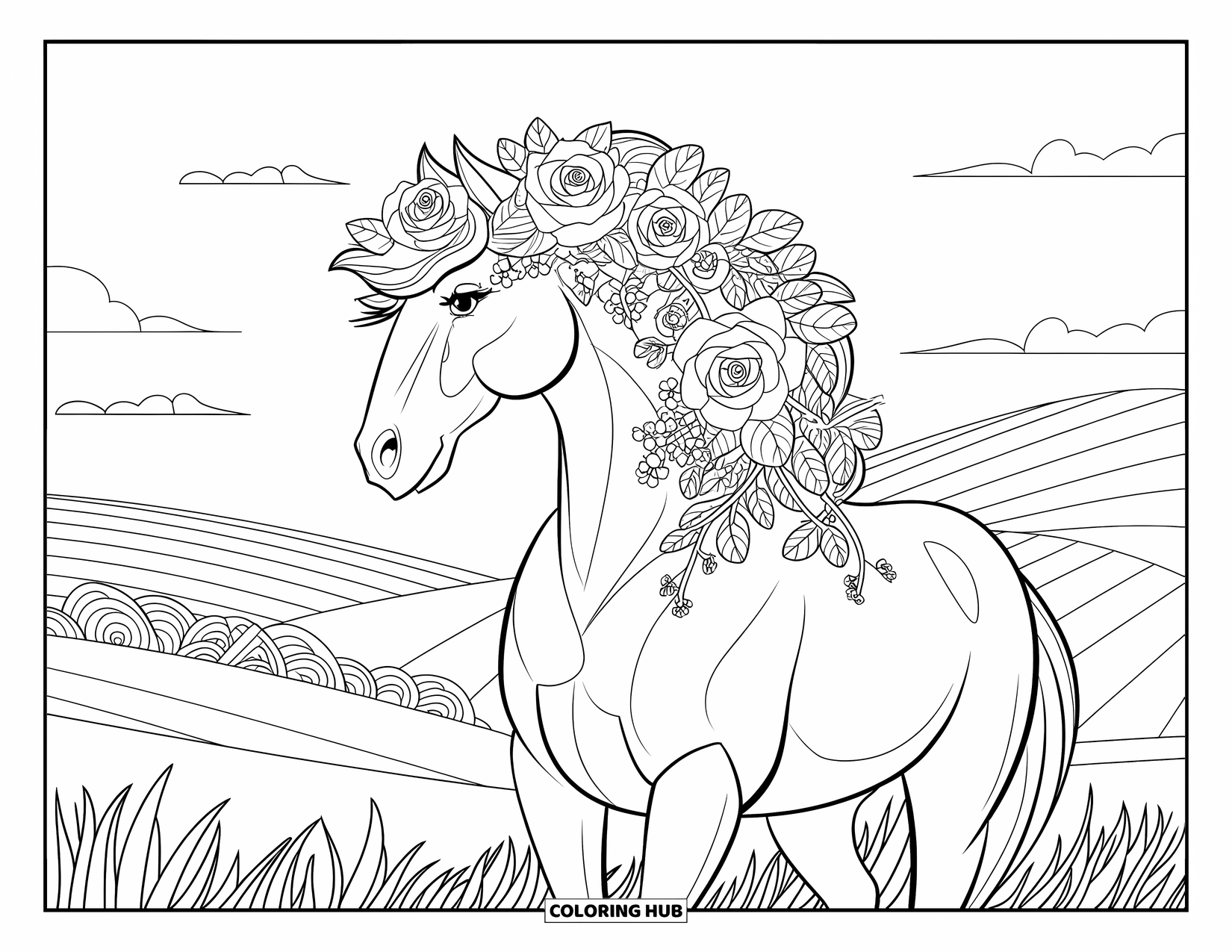Horse Coloring Page for Adults: A horse with roses in its mane stands on a field with a few trees around