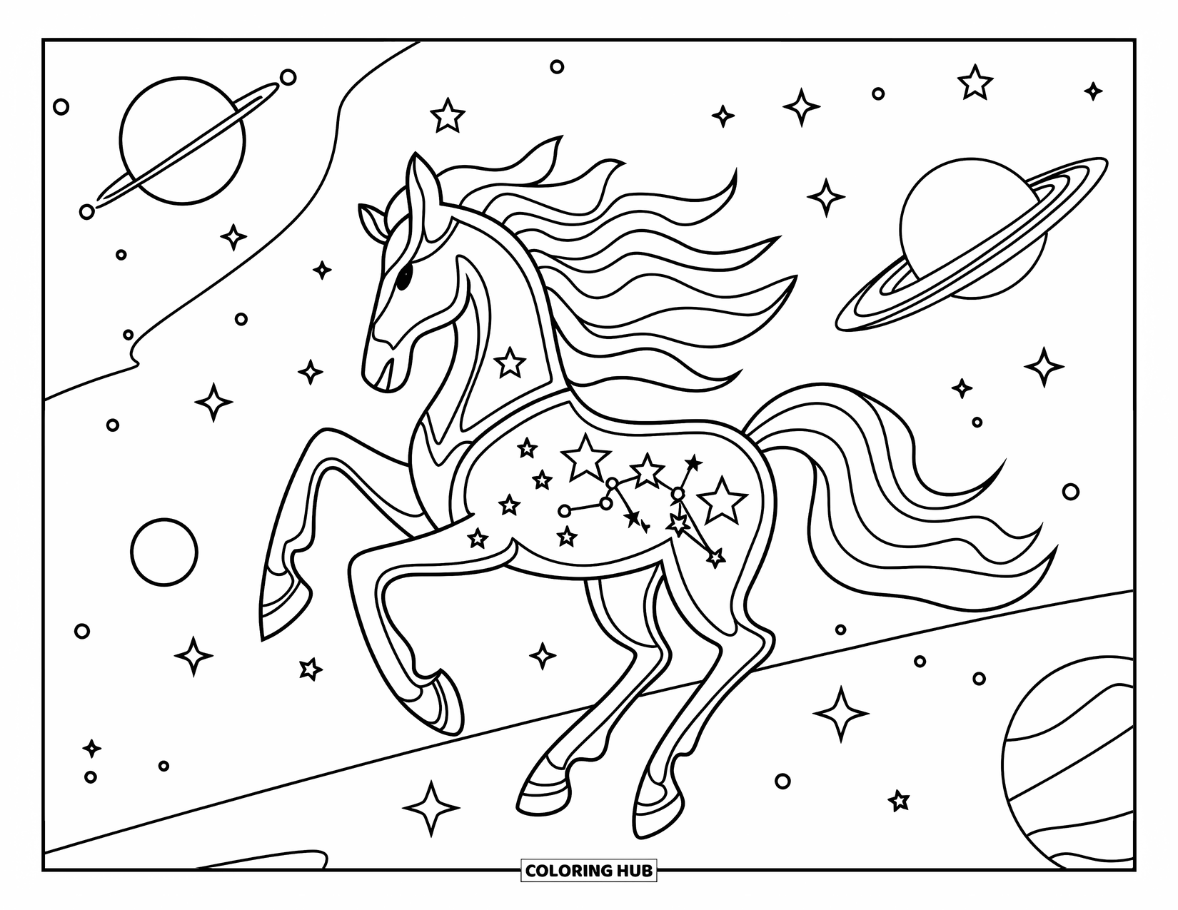 Horse Coloring Page for Adults: A horse with stars in its mane floats among constellations and planets