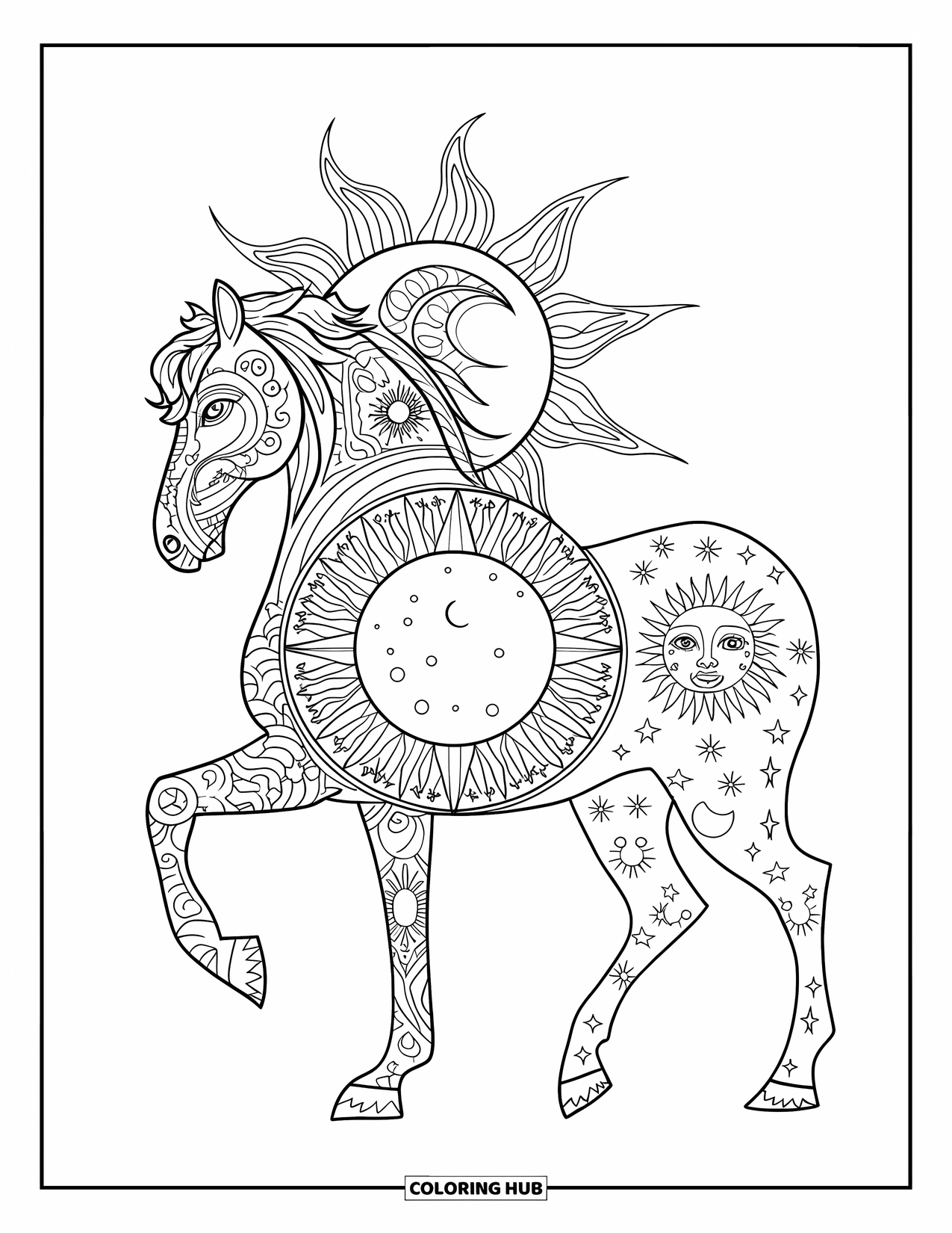 Horse Coloring Page for Adults: A horse with sun and moon motifs stands on a textured background