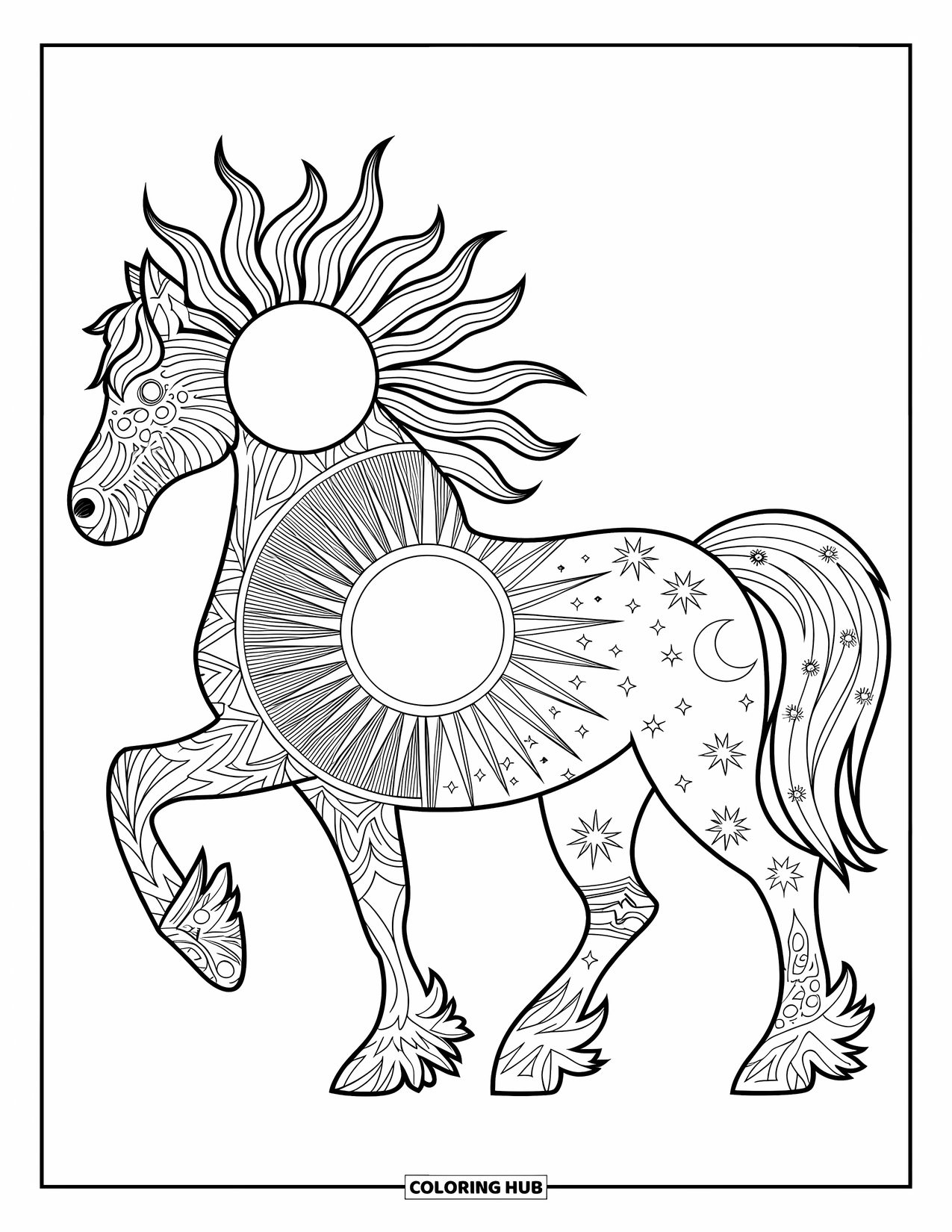 Horse Coloring Page for Adults: A horse with sun and moon patterns stands on a grassy field with flowers