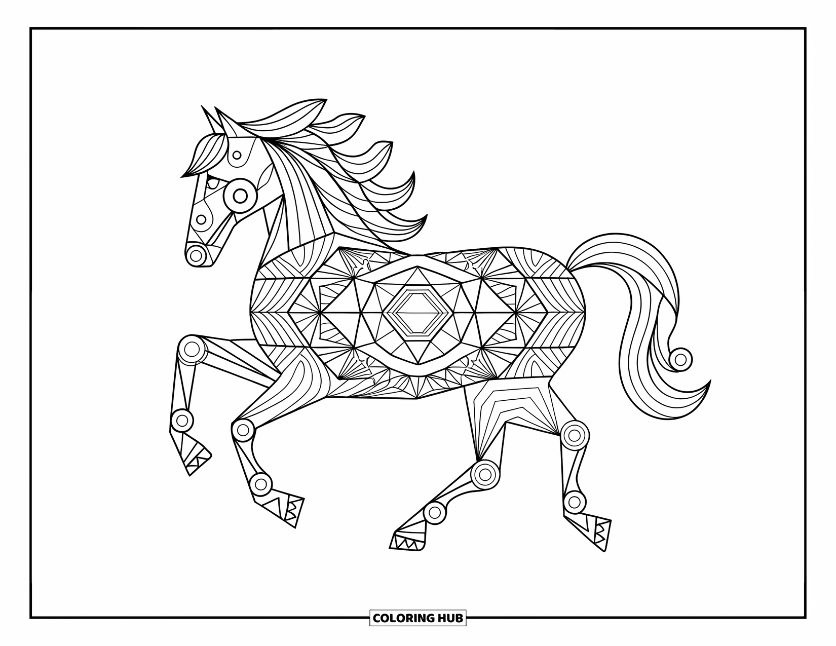 Horse Coloring Page for Adults: A horse with symmetrical patterns gallops on a white background