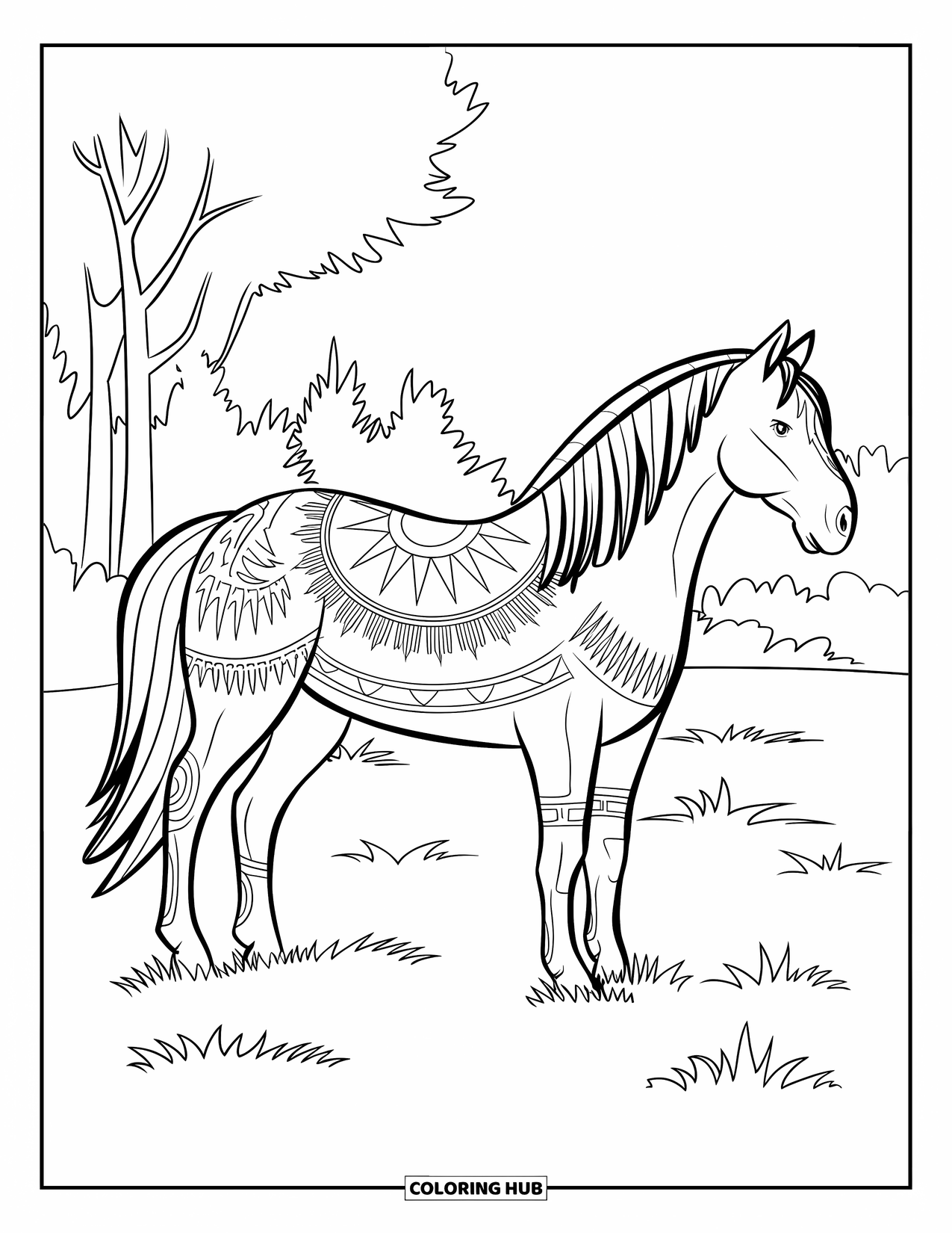 Horse Coloring Page for Adults: A horse with tribal patterns stands on a grassy field with trees