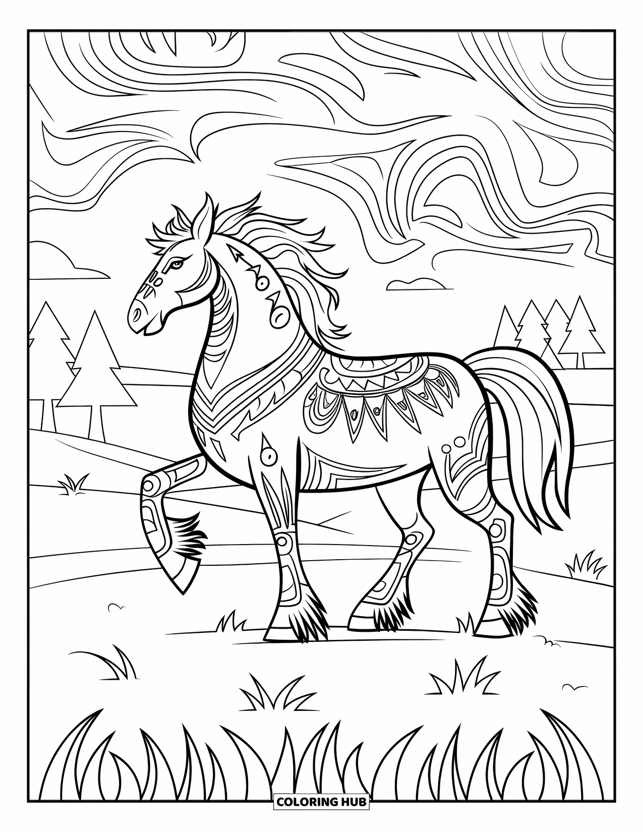 Horse Coloring Page for Adults: A horse with tribal patterns stands on grass with trees in the background