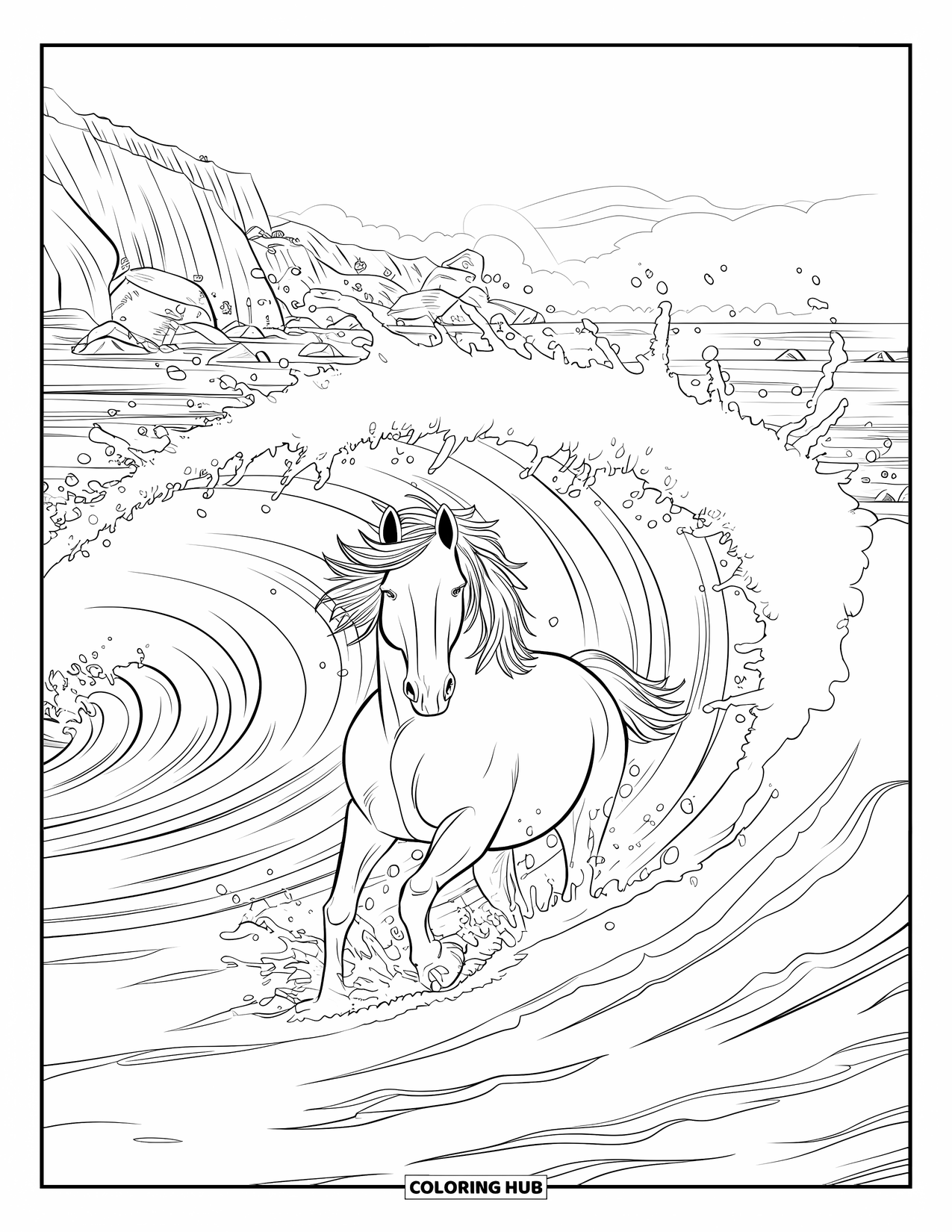 Horse Coloring Page for Adults: A horse with waves in its mane gallops on the shore by cliffs and mist