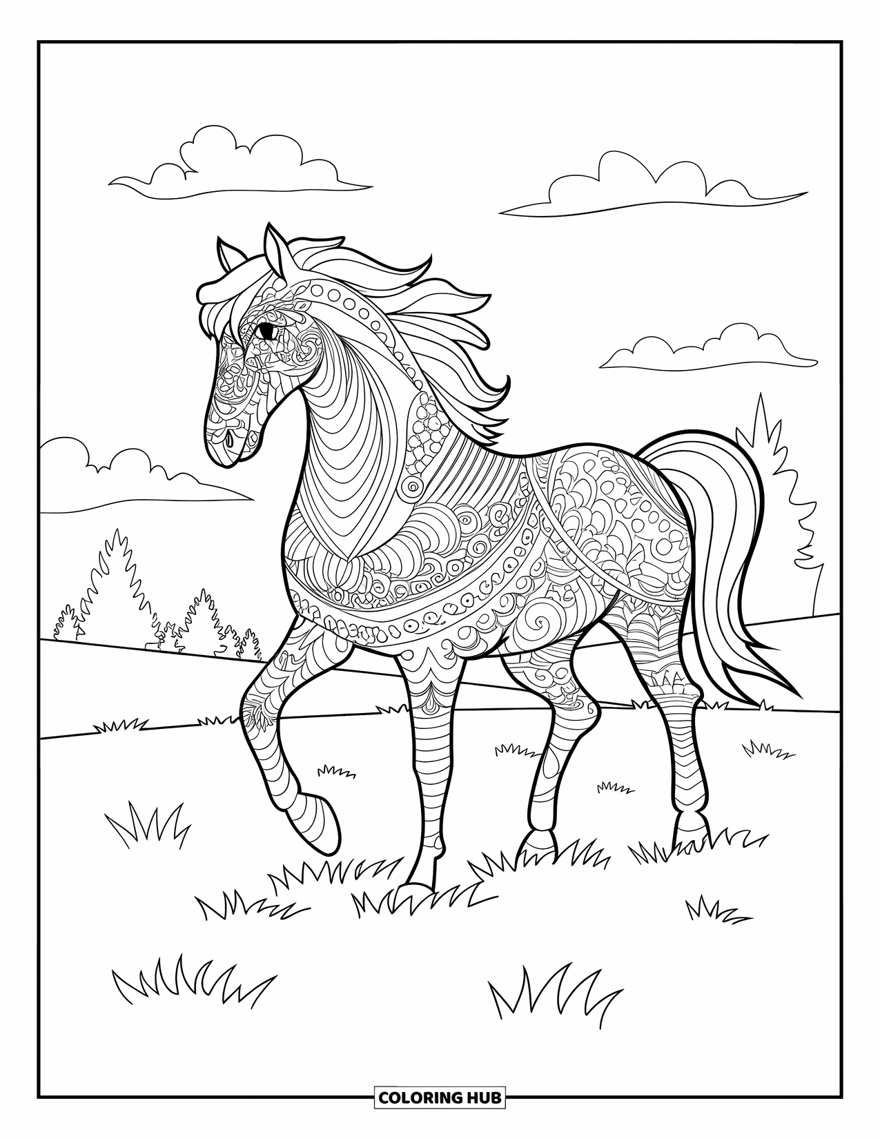 Horse Coloring Page for Adults: A horse with Zentangle patterns stands on grass with trees and clouds behind