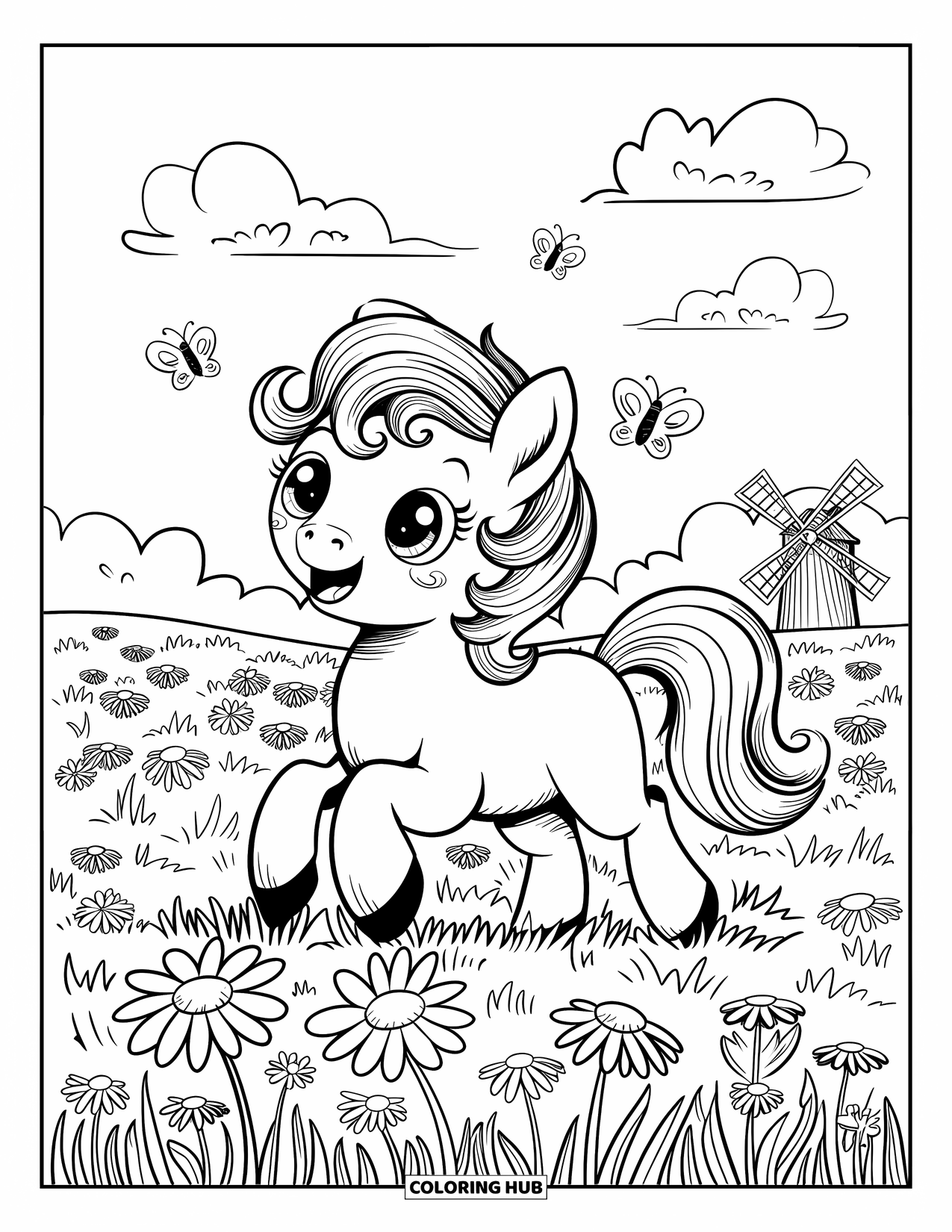 Horse Coloring Page for Adults: A joyful pony with bouncy curls frolics in a field of daisies and butterflies