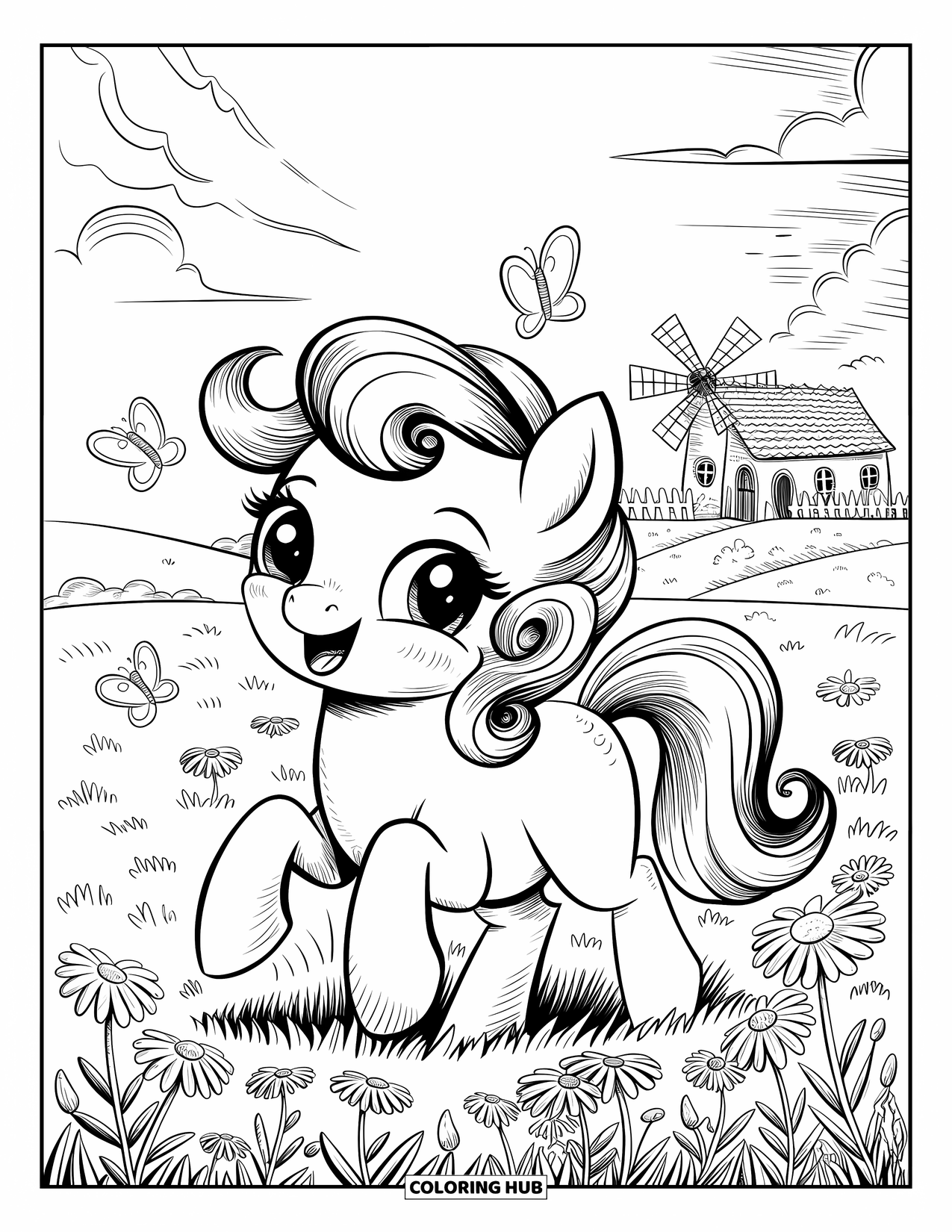 Horse Coloring Page for Adults: A joyful pony with curls frolics among daisies with butterflies and a windmill nearby