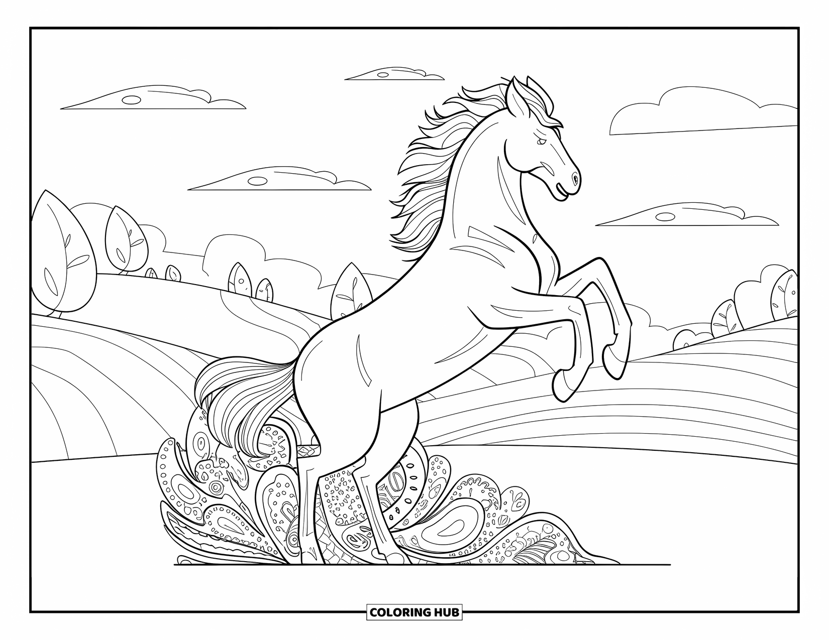 Horse Coloring Page for Adults: A mustang with a swirling paisley tail rears up on a field