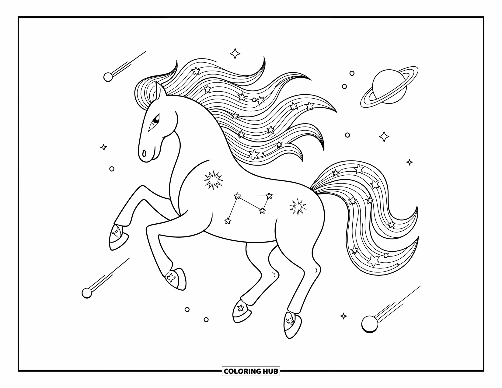Horse Coloring Page for Adults: A mystic horse with a starry mane floats in a cosmic scene with planets