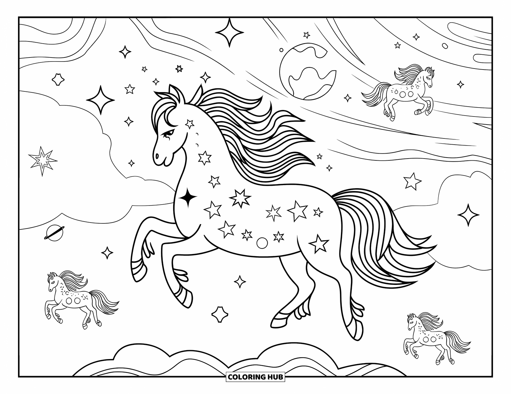 Horse Coloring Page for Adults: A mystic horse with swirling stars in its mane floats in a galaxy
