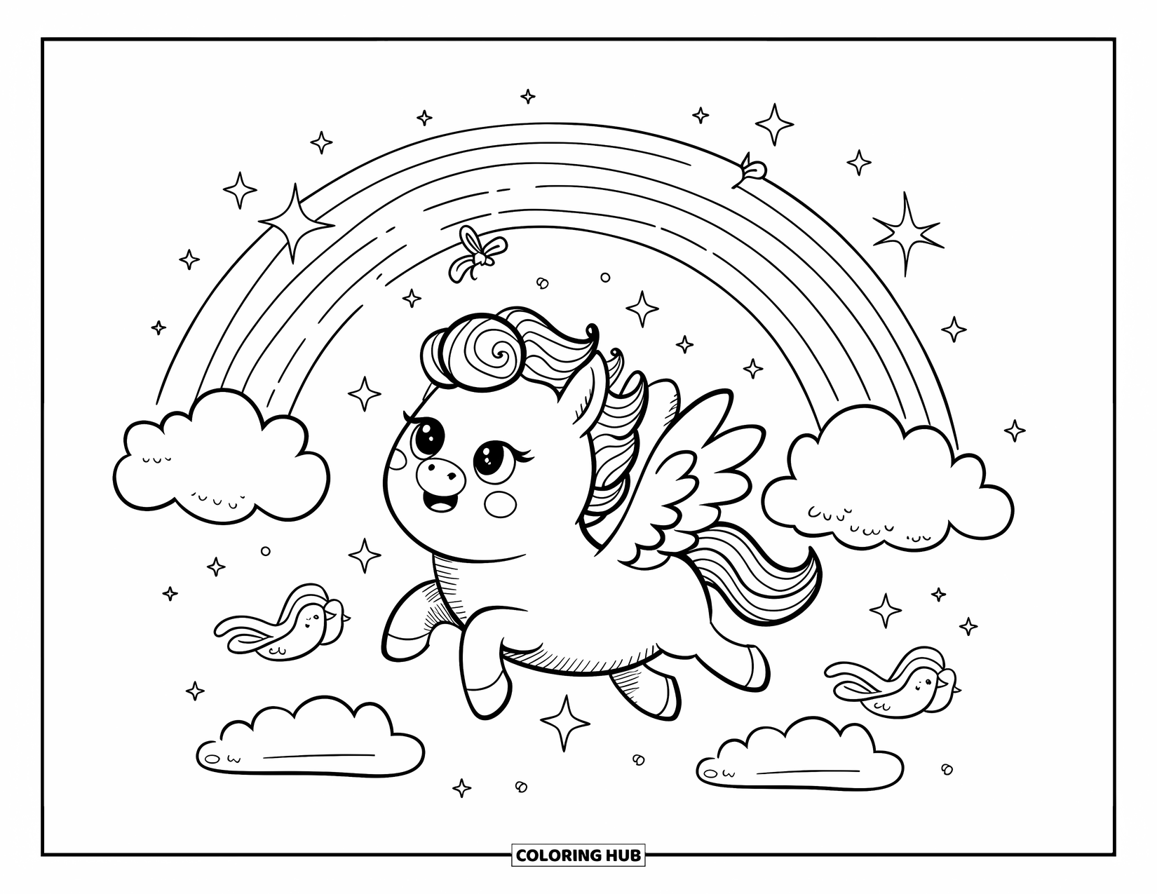 Horse Coloring Page for Adults: A pegasus with a bow on its tail soars under a rainbow with stars around