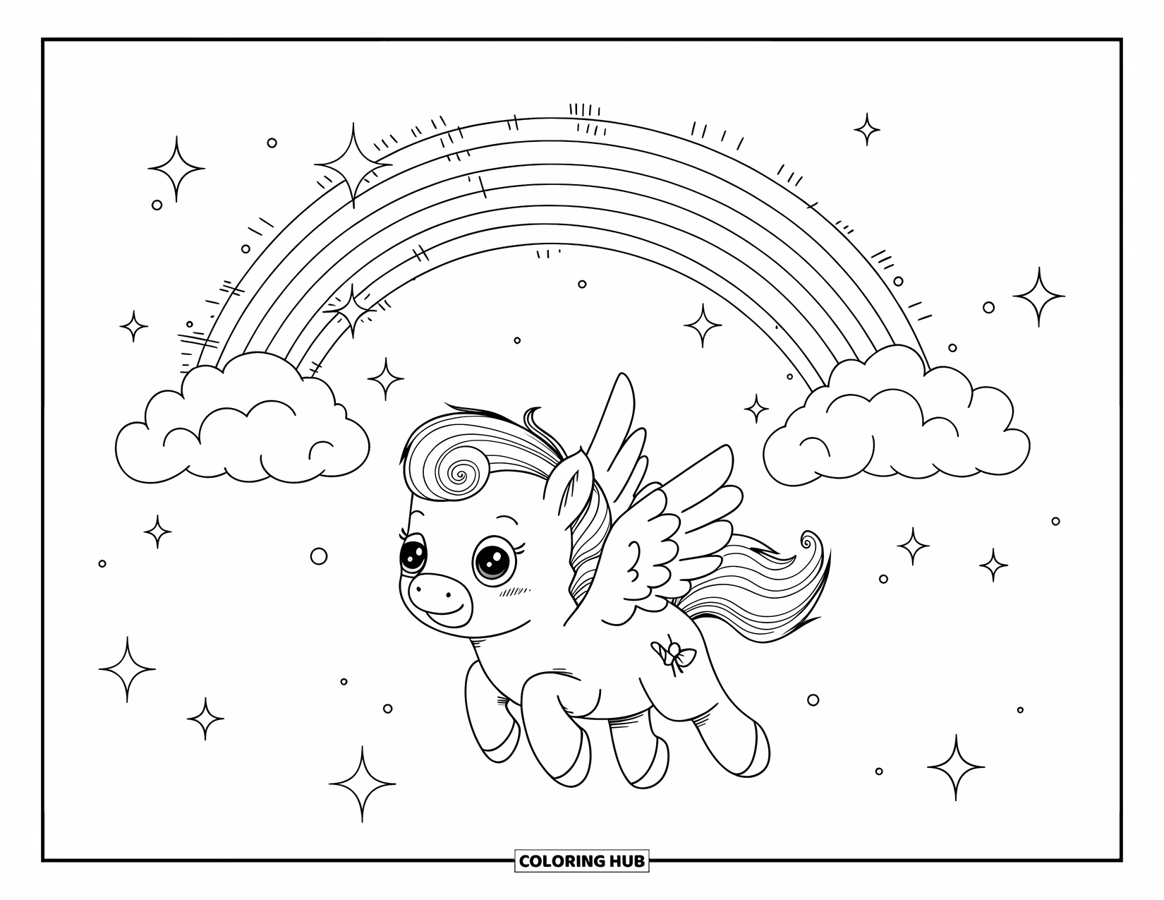 Horse Coloring Page for Adults: A pegasus with short wings flies through the sky with stars and birds