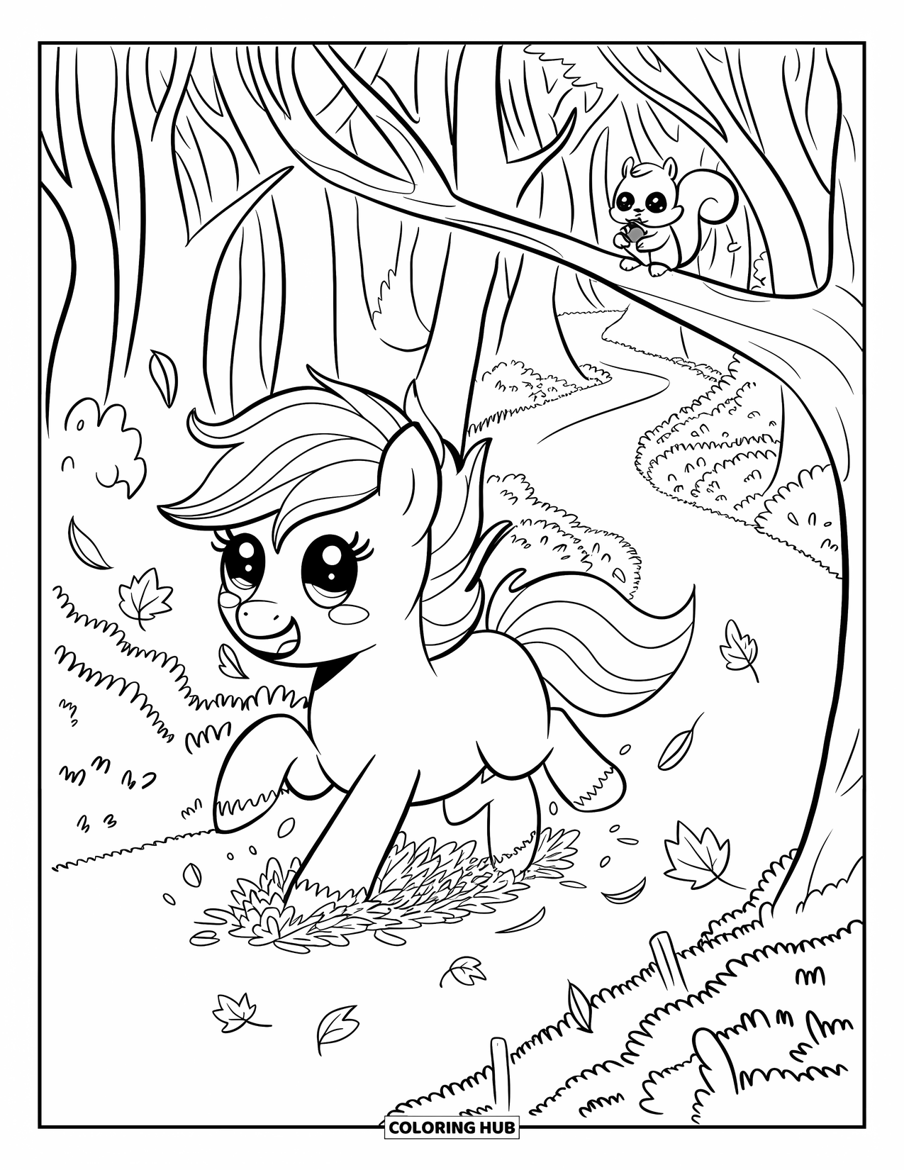 Horse Coloring Page for Adults: A pony catches falling leaves in an autumn forest while a squirrel watches