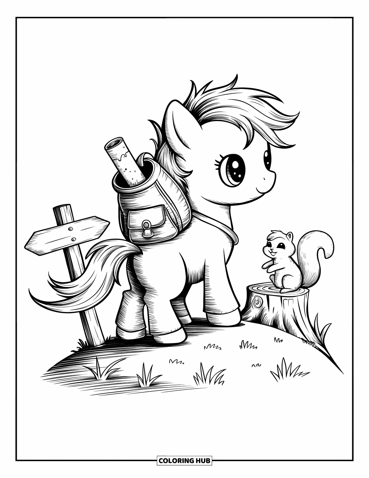 Horse Coloring Page for Adults: A pony explorer stands on a hill with a map and a squirrel friend