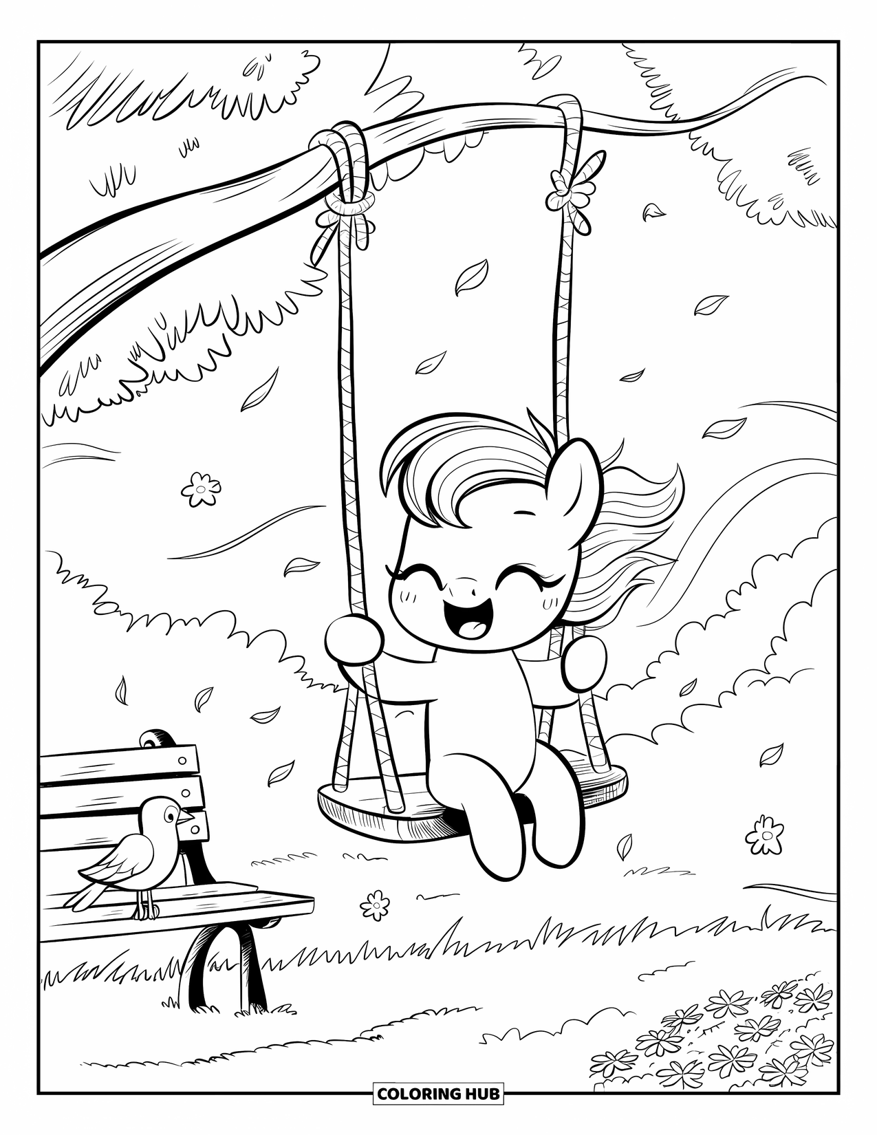 Horse Coloring Page for Adults: A pony giggles on a rope swing surrounded by leaves and flower petals