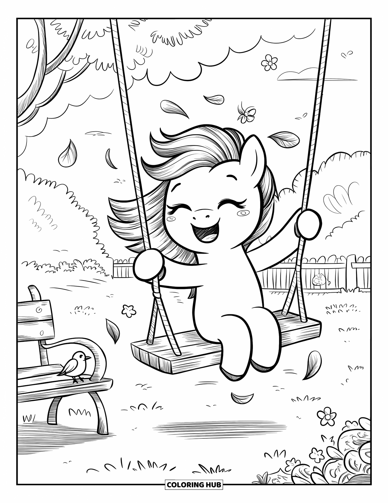 Horse Coloring Page for Adults: A pony giggles on a swing with floating leaves and a bird nearby