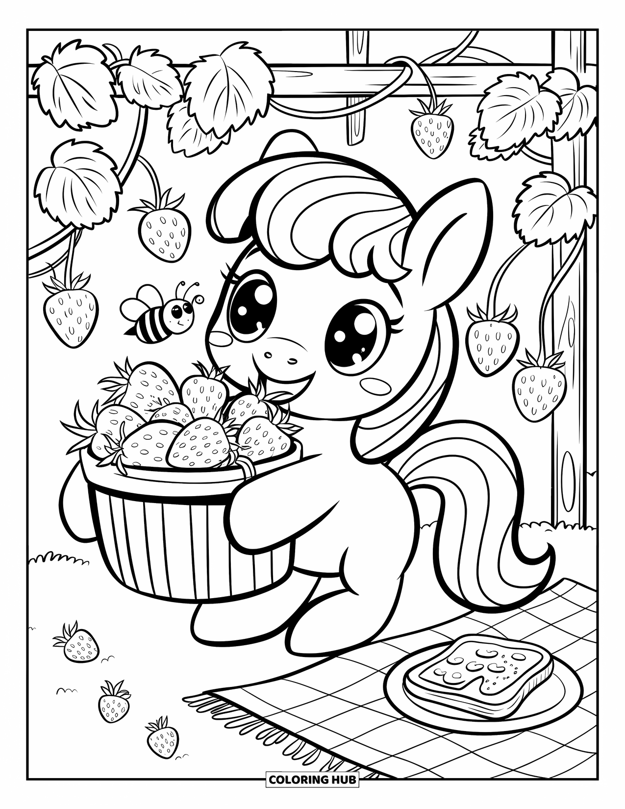 Horse Coloring Page for Adults: A pony holds a basket of strawberries while a bee buzzes and vines curl nearby