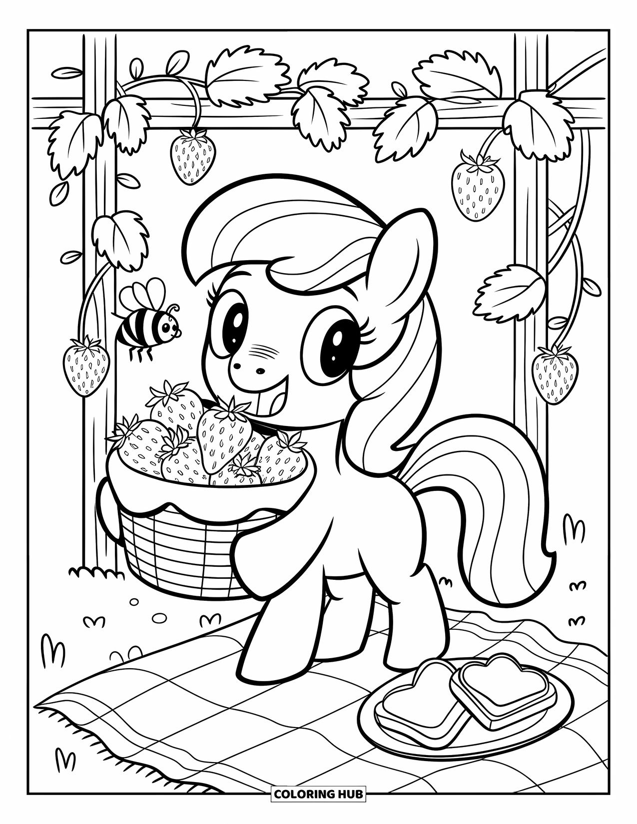 Horse Coloring Page for Adults: A pony holds a basket of strawberries with vines and a picnic blanket nearby