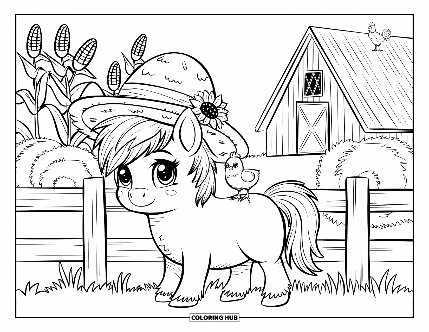 Horse Coloring Page for Adults: A pony in a straw hat stands by a barn with corn stalks nearby