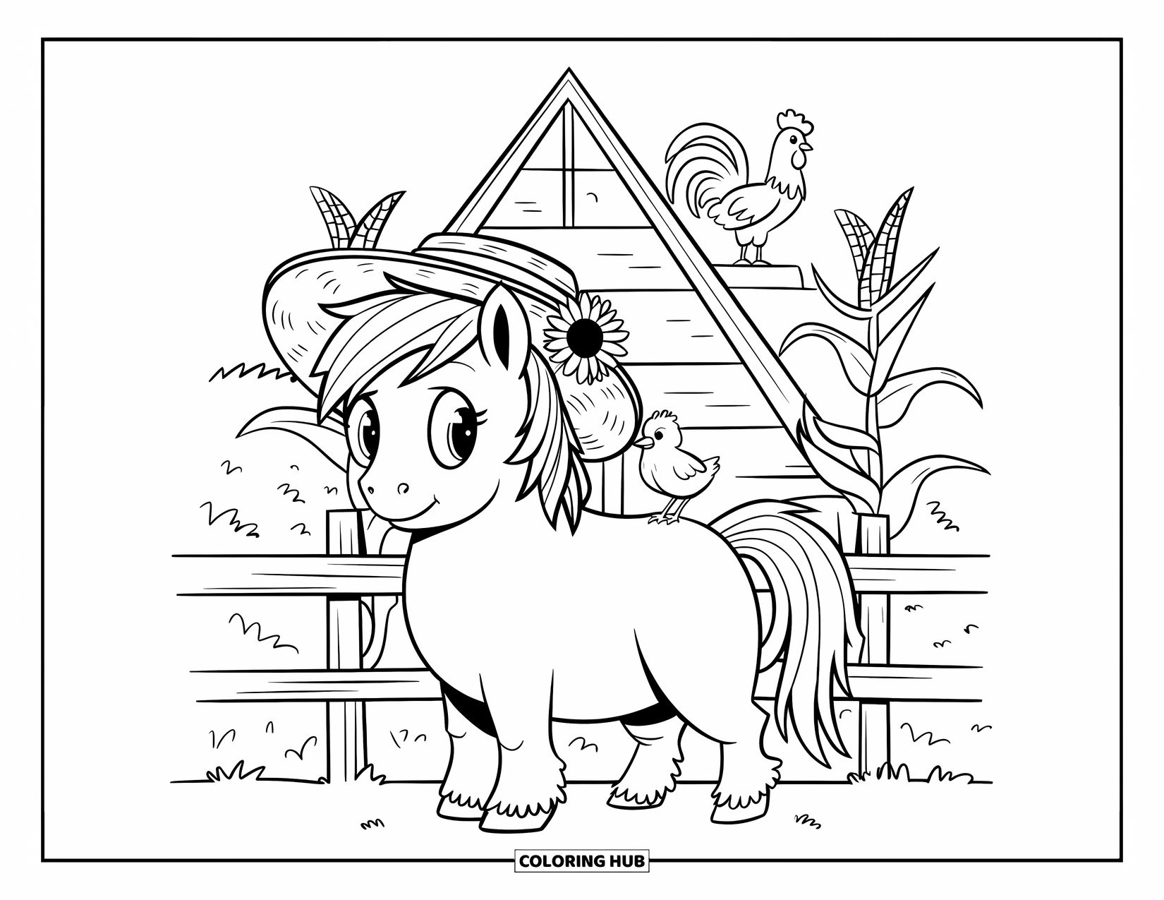 Horse Coloring Page for Adults: A pony in a sunflower hat stands by a fence with a chick on its back