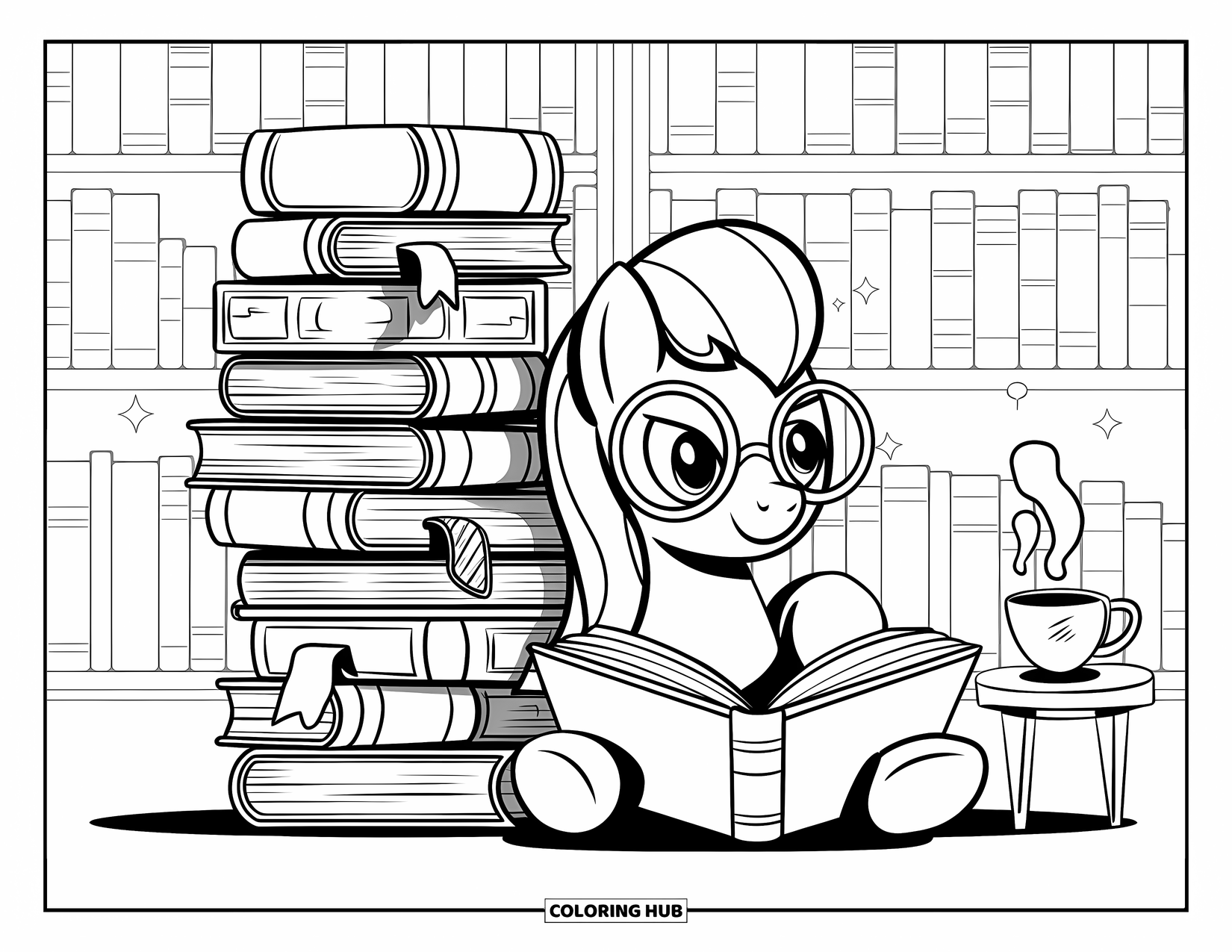 Horse Coloring Page for Adults: A pony in glasses reads a book with a teacup nearby and shelves full of books