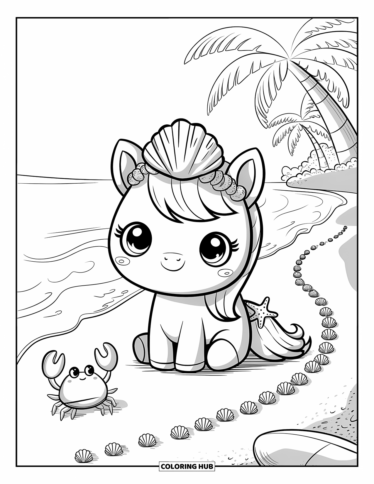 Horse Coloring Page for Adults: A pony on the beach wears a seashell crown and watches a crab with a sand bucket