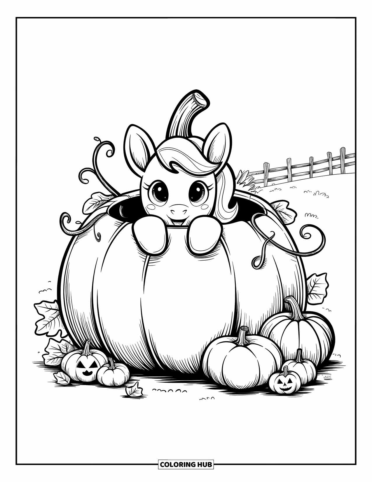 Horse Coloring Page for Adults: A pony peeks from a pumpkin with vines and carved pumpkins around