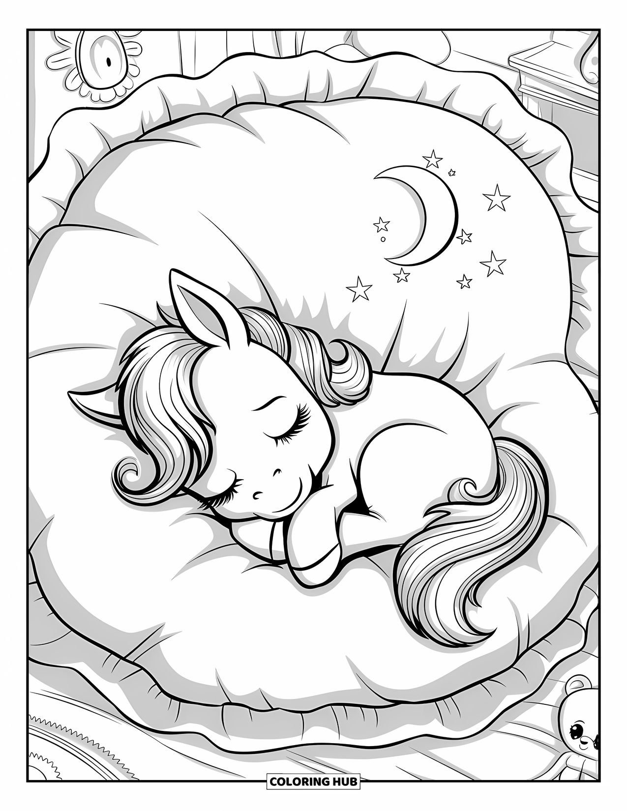 Horse Coloring Page for Adults: A pony sleeps on a plush pillow with a teddy beside it