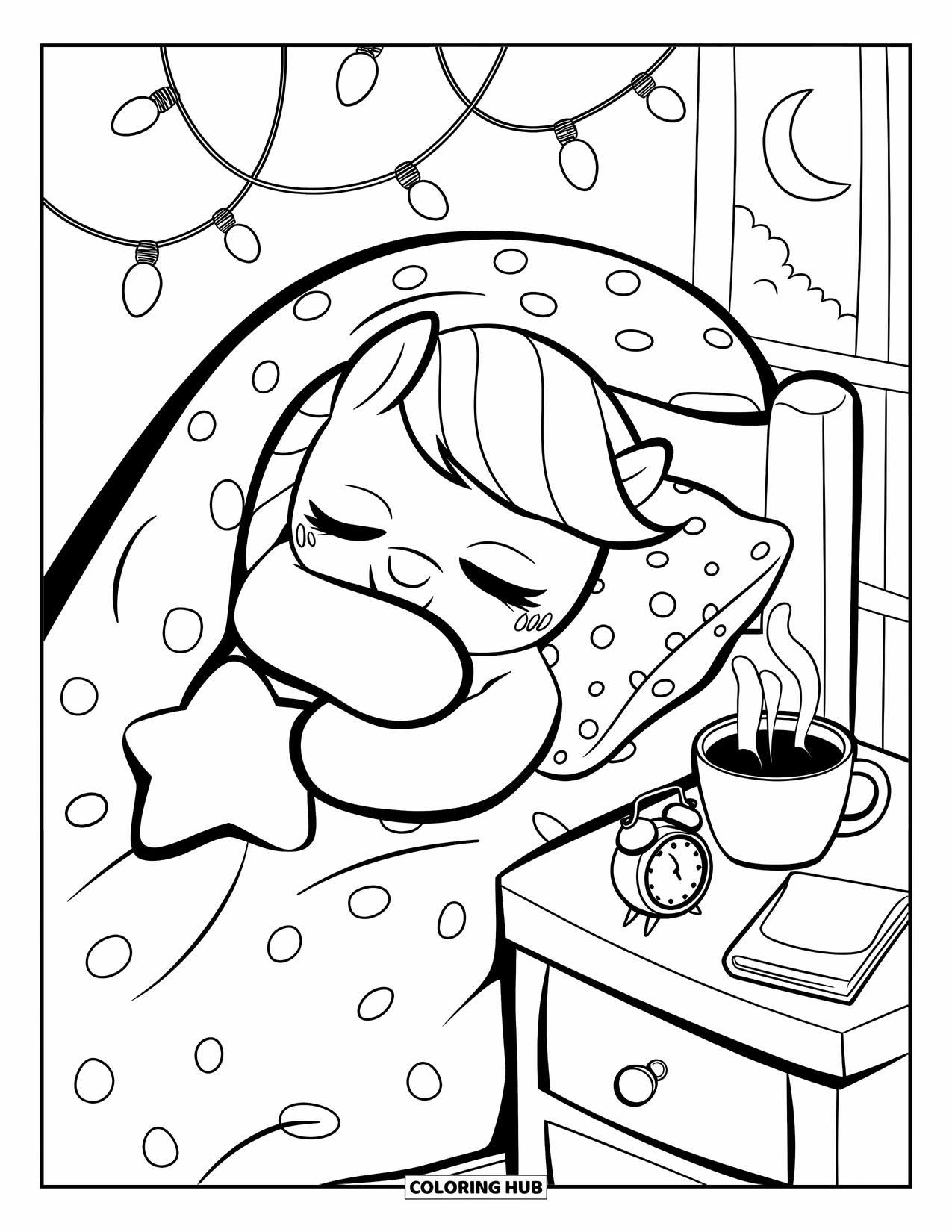 Horse Coloring Page for Adults: A pony snuggles with a star pillow under fairy lights and a crescent moon
