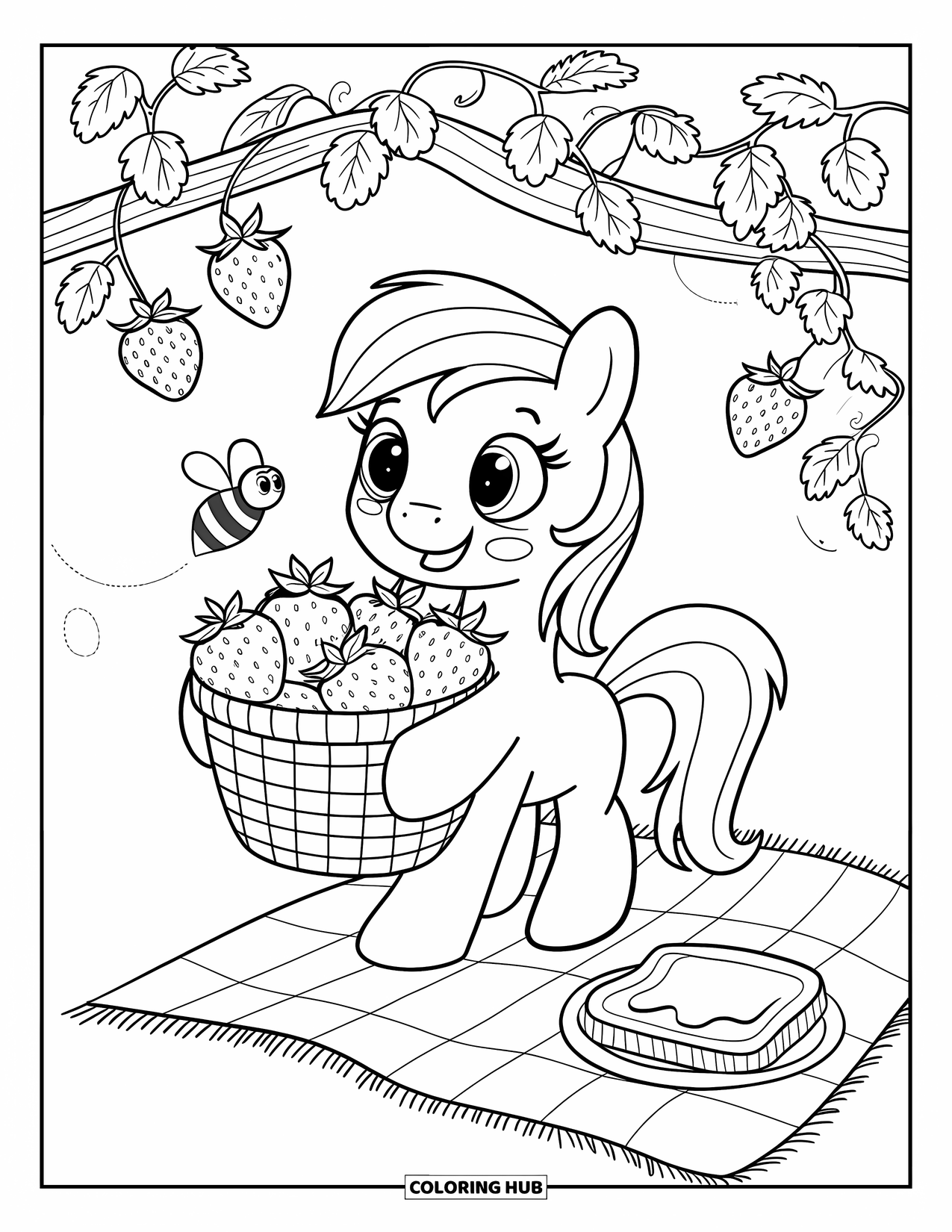Horse Coloring Page for Adults: A pony struggles to hold a basket of strawberries as a bee hovers nearby