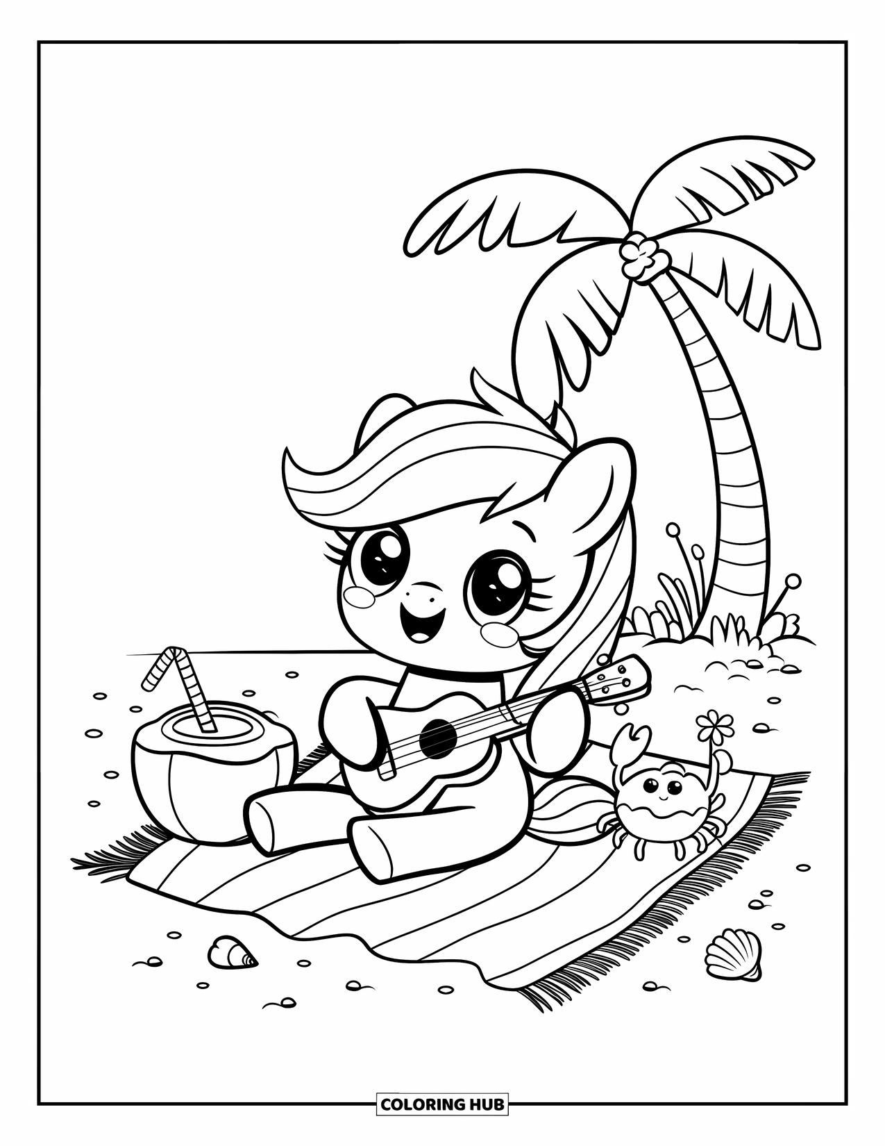 Horse Coloring Page for Adults: A pony strums a tiny ukulele on a beach towel beside a coconut drink and a crab