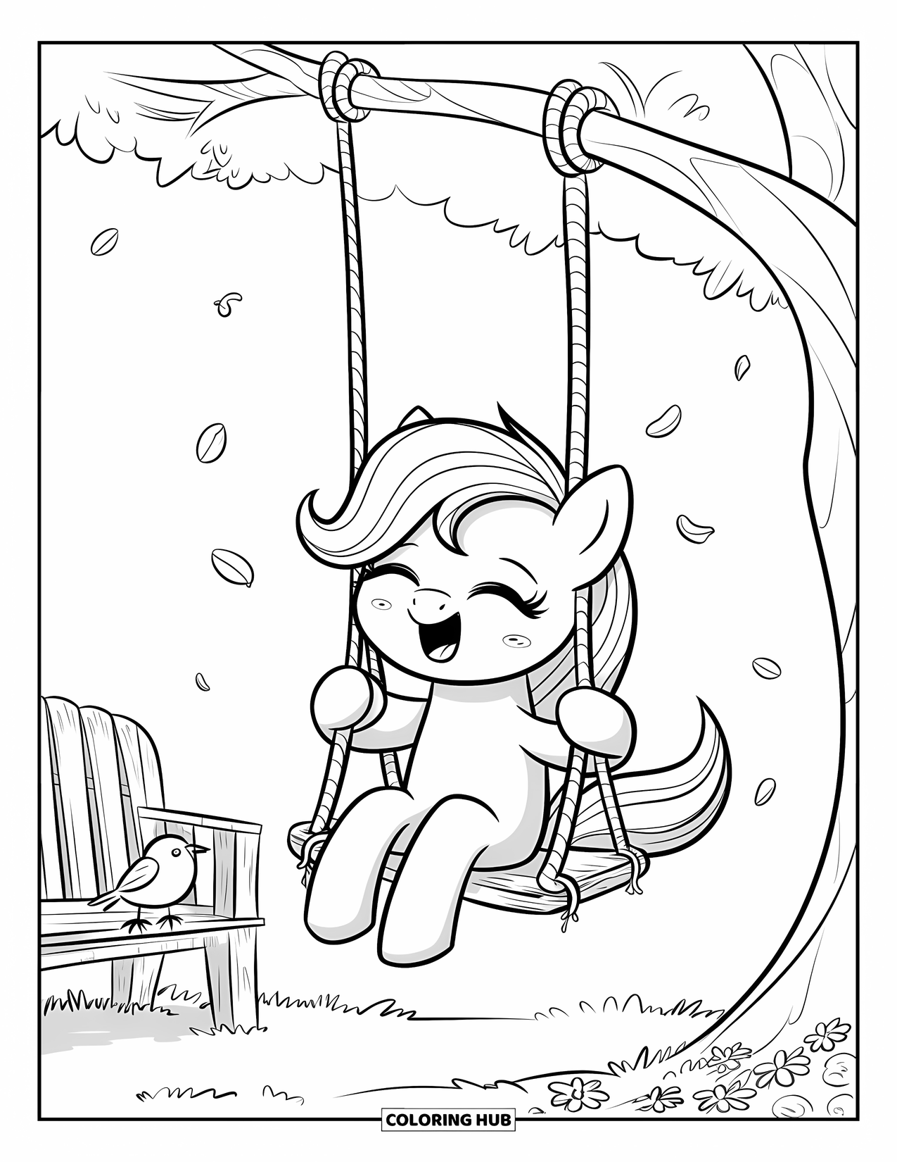 Horse Coloring Page for Adults: A pony swings happily on a rope swing with leaves and petals floating around