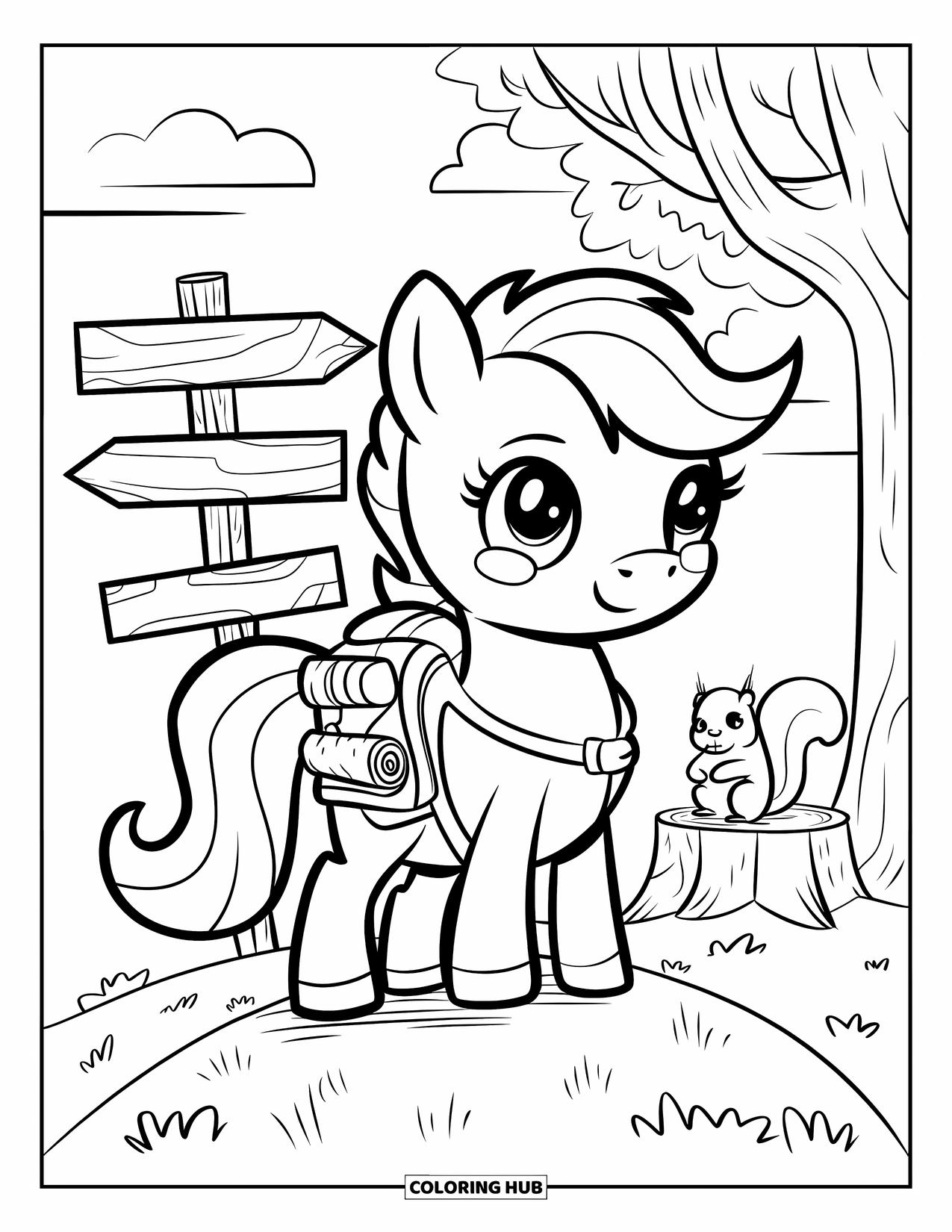Horse Coloring Page for Adults: A pony with a backpack and map stands on a hill with a squirrel nearby