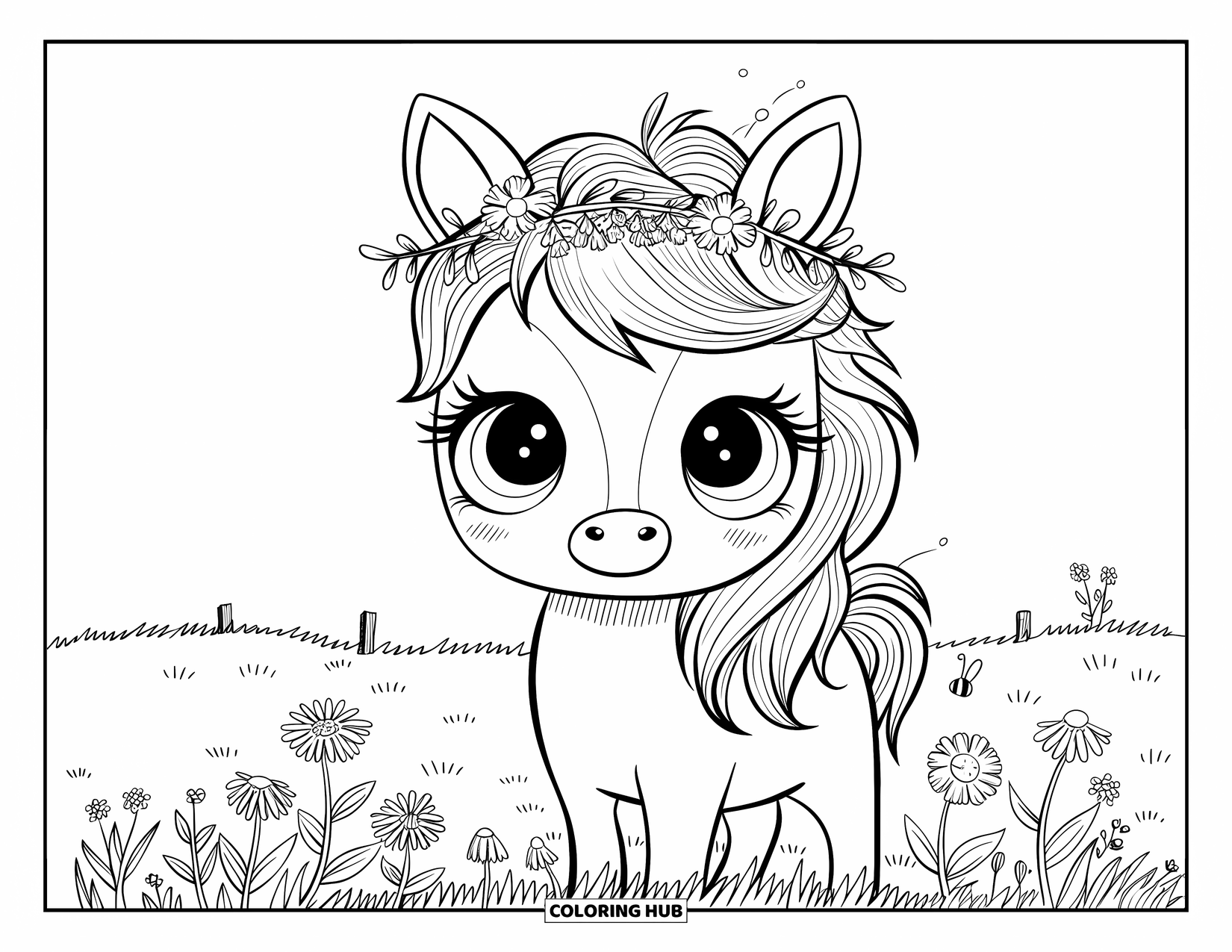 Horse Coloring Page for Adults: A pony with a floral crown stands among wildflowers, butterflies, and a wooden fence