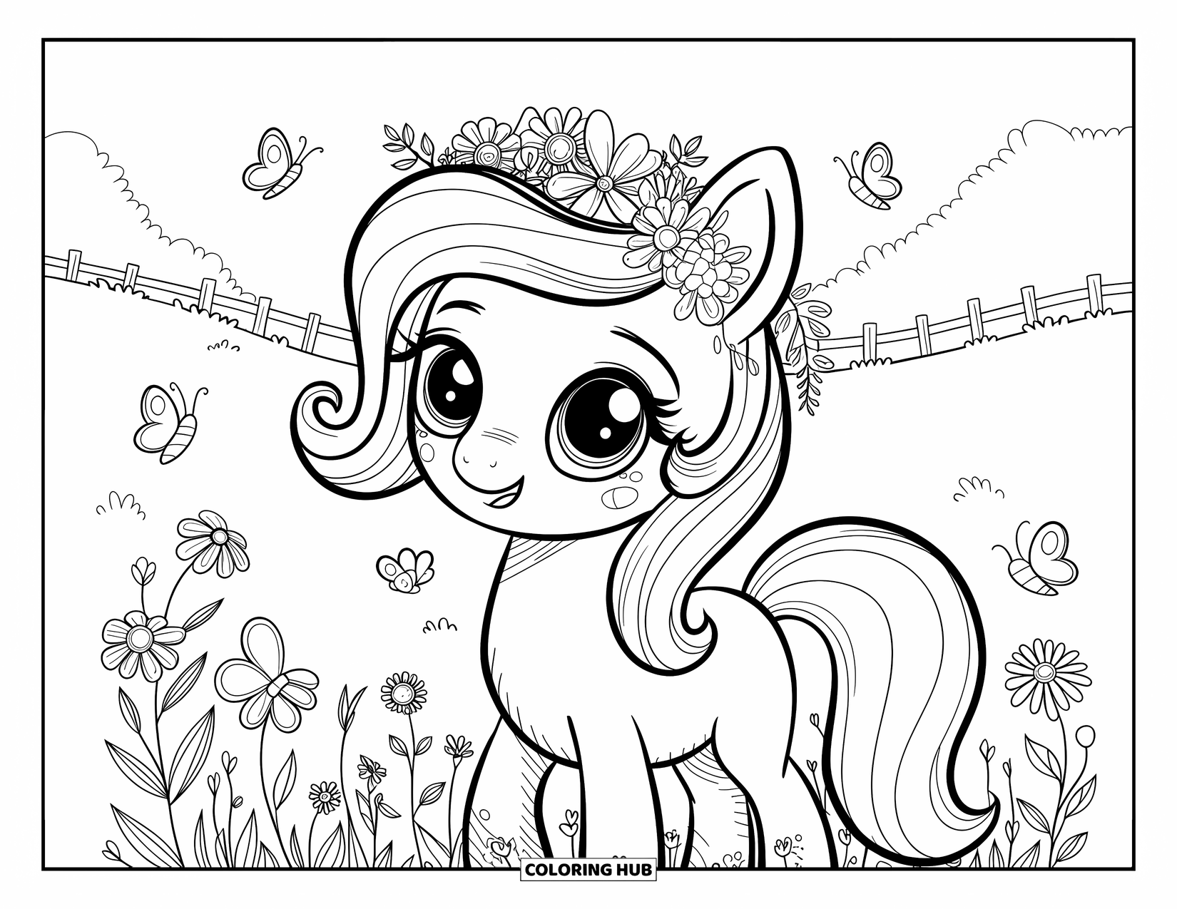 Horse Coloring Page for Adults: A pony with a floral crown stands in a meadow with butterflies and wildflowers
