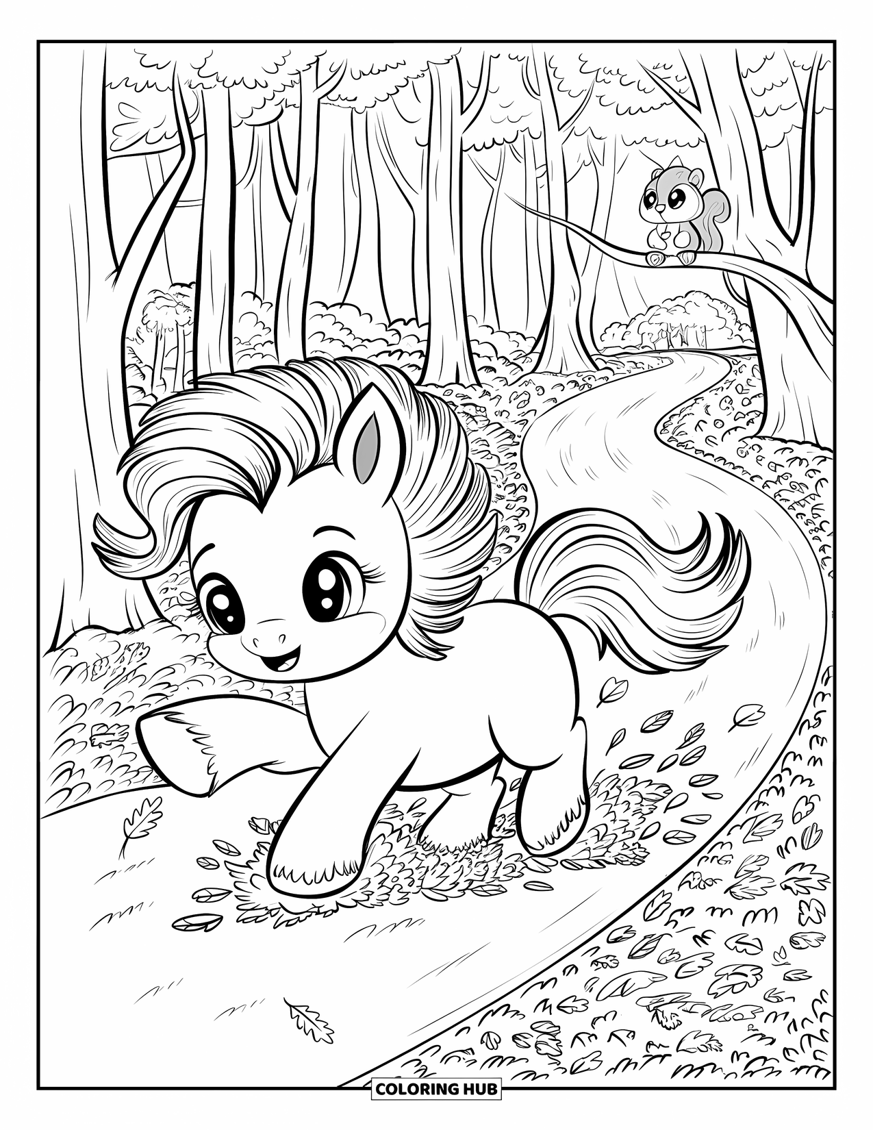 Horse Coloring Page for Adults: A pony with a fluffy mane chases leaves in an autumn forest with a squirrel nearby
