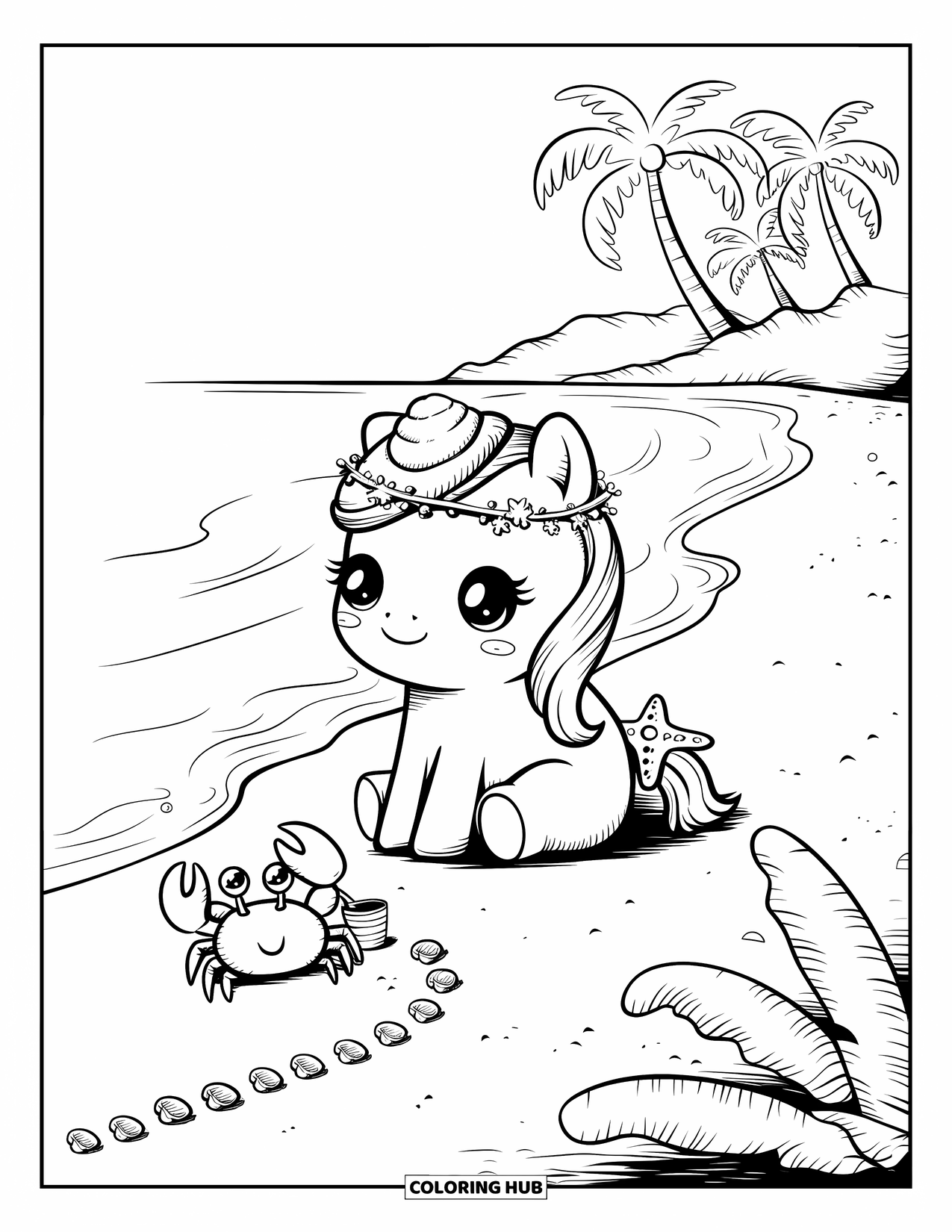 Horse Coloring Page for Adults: A pony with a seashell crown and starfish tail enjoys the beach